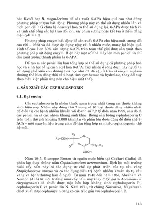 113
bμo E.coli hay B. megatherium ®Ó s¶n xuÊt 6-APA hiÖu qu¶ cao nh− dïng
ph−¬ng ph¸p enzym bÊt ®éng. Ph−¬ng ph¸p nμy cã thÓ sö dông nhiÒu lÇn vμ
dÞch penicillin G ch−a bÞ deacetyl ho¸ cã thÓ sö dông l¹i. 6-APA ®−îc t¸ch ra
vμ tinh chÕ b»ng s¾c ký trao ®æi ion, sÊy phun s−¬ng hoÆc kÕt tña ë ®iÓm ®¼ng
®iÖn (pH = 4,3).
Ph−¬ng ph¸p enzym bÊt ®éng ®Ó s¶n xuÊt 6-APA cho hiÖu suÊt t−¬ng ®èi
cao (90 – 95%) vμ ®· ®−îc ¸p dông réng r·i ë nhiÒu n−íc, mang l¹i hiÖu qu¶
kinh tÕ cao. H¬n 50% s¶n l−îng 6-APA trªn toμn thÕ giíi ®−îc s¶n xuÊt theo
ph−¬ng ph¸p bÊt ®éng enzym. HiÖn nay mét sè nhμ m¸y lªn men penicillin chØ
cho xuÊt x−ëng thμnh phÈm lμ 6-APA.
§Ó t¹o ra c¸c penicillin b¸n tæng hîp cã thÓ sö dông c¶ ph−¬ng ph¸p ho¸
häc vμ sinh häc b»ng c¸ch acyl ho¸ 6-APA. Tuy nhiªn ë c«ng ®o¹n nμy ng−êi ta
sö dông phæ biÕn con ®−êng ho¸ häc nh− ®· ®Ò cËp ë trªn v× enzym acylase
th−êng thÓ hiÖn ®ång thêi c¶ 2 ho¹t tÝnh synthetase vμ hydrolase, thay ®æi tuú
theo ®iÒu kiÖn ph¶n øng nªn cho hiÖu suÊt thÊp.
4. S¶n xuÊt c¸c Cephalosporin
4.1. §¹i c−¬ng
C¸c cephalosporin lμ nhãm thuèc quan träng nhÊt trong c¸c thuèc kh¸ng
sinh hiÖn nay. Nhãm nμy ®øng thø 7 trong sè 10 lo¹i thuèc dïng nhiÒu nhÊt
®Ó ®iÒu trÞ c¸c bÖnh nhiÔm khuÈn víi doanh sè 7,2 tû ®«la n¨m 1999, sau ®ã lμ
c¸c penicillin vμ c¸c nhãm kh¸ng sinh kh¸c. Riªng s¶n l−îng cephalosporin C
trªn toμn thÕ giíi kho¶ng 3.000 tÊn/n¨m vμ phÇn lín ®−îc dïng ®Ó ®iÒu chÕ 7-
ACA – mét nguyªn liÖu trung gian ®Ó b¸n tæng hîp ra nhiÒu cephalosporin thÕ
hÖ míi.
N
O
CONH
S
CH2
R2
R1
R3
COOH
N¨m 1945, Giuseppe Brotzu tõ nguån n−íc biÓn t¹i Cagliari (Italia) ®·
ph©n lËp ®−îc chñng nÊm Cephalosporium acremonium. DÞch läc m«i tr−êng
nu«i cÊy nÊm nμy cã t¸c dông øc chÕ sù ph¸t triÓn cña tô cÇu vμng
Staphylococcus aureus vμ cã t¸c dông ®iÒu trÞ bÖnh nhiÔm khuÈn do tô cÇu
vμng vμ bÖnh th−¬ng hμn ë ng−êi. Tõ n¨m 1948 ®Õn n¨m 1956, Abraham vμ
Neuton (Anh) tõ m«i tr−êng nu«i cÊy nÊm nμy (nay ®−îc gäi lμ Acremonium
chrysogenum) ®· chiÕt ®−îc mét hçn hîp kh¸ng sinh cephalosporin P1,
cephalosporin C vμ penicillin N. N¨m 1971, tõ chñng Norcardia, Nagarazan
chiÕt xuÊt ®−îc cephamycin còng cã cÊu tróc gÇn víi cephalosporin C.
 