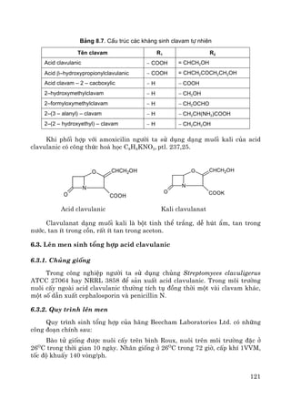 121
B¶ng 8.7. CÊu tróc c¸c kh¸ng sinh clavam tù nhiªn
Tªn clavam R1 R2
Acid clavulanic − COOH = CHCH2OH
Acid β–hydroxypropionylclavulanic − COOH = CHCH2COCH2CH2OH
Acid clavam – 2 – cacboxylic − H − COOH
2–hydroxymethylclavam − H − CH2OH
2–formyloxymethylclavam − H − CH2OCHO
2–(3 – alanyl) – clavam − H − CH2CH(NH2)COOH
2–(2 – hydroxyethyl) – clavam − H − CH2CH2OH
Khi phèi hîp víi amoxicilin ng−êi ta sö dông d¹ng muèi kali cña acid
clavulanic cã c«ng thøc ho¸ häc C8H8KNO5, ptl. 237,25.
N
O
O
CHCH2OH
COOH
N
O
O
CHCH2OH
COOK
Acid clavulanic Kali clavulanat
Clavulanat d¹ng muèi kali lμ bét tinh thÓ tr¾ng, dÔ hót Èm, tan trong
n−íc, tan Ýt trong cån, rÊt Ýt tan trong aceton.
6.3. Lªn men sinh tæng hîp acid clavulanic
6.3.1. Chñng gièng
Trong c«ng nghiÖp ng−êi ta sö dông chñng Streptomyces clavuligerus
ATCC 27064 hay NRRL 3858 ®Ó s¶n xuÊt acid clavulanic. Trong m«i tr−êng
nu«i cÊy ngoμi acid clavulanic th−êng tÝch tô ®ång thêi mét vμi clavam kh¸c,
mét sè dÉn xuÊt cephalosporin vμ penicillin N.
6.3.2. Quy tr×nh lªn men
Quy tr×nh sinh tæng hîp cña h·ng Beecham Laboratories Ltd. cã nh÷ng
c«ng ®o¹n chÝnh sau:
Bμo tö gièng ®−îc nu«i cÊy trªn b×nh Roux, nu«i trªn m«i tr−êng ®Æc ë
26O
C trong thêi gian 10 ngμy. Nh©n gièng ë 26O
C trong 72 giê, cÊp khÝ 1VVM,
tèc ®é khuÊy 140 vßng/ph.
 