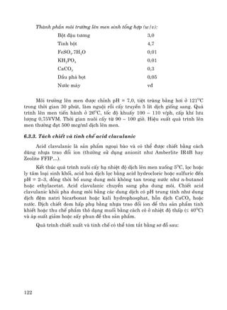 122
Thμnh phÇn m«i tr−êng lªn men sinh tæng hîp (w/v):
Bét ®Ëu t−¬ng 3,0
Tinh bét 4,7
FeSO4.7H2O 0,01
KH2PO4 0,01
CaCO3 0,3
DÇu ph¸ bät 0,05
N−íc m¸y v®
M«i tr−êng lªn men ®−îc chØnh pH = 7,0, tiÖt trïng b»ng h¬i ë 121O
C
trong thêi gian 30 phót, lμm nguéi råi cÊy truyÒn 5 lÝt dÞch gièng sang. Qu¸
tr×nh lªn men tiÕn hμnh ë 26O
C, tèc ®é khuÊy 100 – 110 v/ph, cÊp khÝ l−u
l−îng 0,75VVM. Thêi gian nu«i cÊy tõ 90 – 100 giê. HiÖu suÊt qu¸ tr×nh lªn
men th−êng ®¹t 500 mcg/ml dÞch lªn men.
6.3.3. T¸ch chiÕt vμ tinh chÕ acid clavulanic
Acid clavulanic lμ s¶n phÈm ngo¹i bμo vμ cã thÓ ®−îc chiÕt b»ng c¸ch
dïng nhùa trao ®æi ion (th−êng sö dông anionit nh− Amberlite IR4B hay
Zeolite FFIP…).
KÕt thóc qu¸ tr×nh nu«i cÊy h¹ nhiÖt ®é dÞch lªn men xuèng 5O
C, läc hoÆc
ly t©m lo¹i sinh khèi, acid ho¸ dÞch läc b»ng acid hydrocloric hoÆc sulfuric ®Õn
pH = 2–3, ®ång thêi bæ sung dung m«i kh«ng tan trong n−íc nh− n-butanol
hoÆc ethylacetat. Acid clavulanic chuyÓn sang pha dung m«i. ChiÕt acid
clavulanic khái pha dung m«i b»ng c¸c dung dÞch cã pH trung tÝnh nh− dung
dÞch ®Öm natri bicarbonat hoÆc kali hydrophosphat, hçn dÞch CaCO3 hoÆc
n−íc. DÞch chiÕt ®em hÊp phô b»ng nhùa trao ®æi ion ®Ó thu s¶n phÈm tinh
khiÕt hoÆc thu chÕ phÈm th« d¹ng muèi b»ng c¸ch c« ë nhiÖt ®é thÊp (≤ 40O
C)
vμ ¸p suÊt gi¶m hoÆc sÊy phun ®Ó thu s¶n phÈm.
Qu¸ tr×nh chiÕt xuÊt vμ tinh chÕ cã thÓ tãm t¾t b»ng s¬ ®å sau:
 