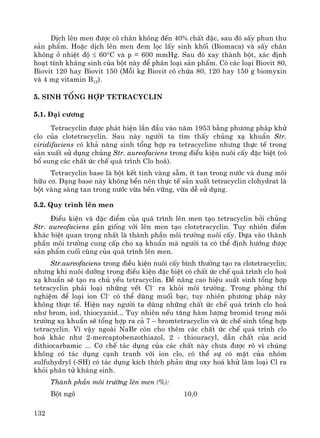 132
DÞch lªn men ®−îc c« ch©n kh«ng ®Õn 40% chÊt ®Æc, sau ®ã sÊy phun thu
s¶n phÈm. HoÆc dÞch lªn men ®em läc lÊy sinh khèi (Biomaca) vμ sÊy ch©n
kh«ng ë nhiÖt ®é ≤ 60°C vμ p = 600 mmHg. Sau ®ã xay thμnh bét, x¸c ®Þnh
ho¹t tÝnh kh¸ng sinh cña bét nμy ®Ó ph©n lo¹i s¶n phÈm. Cã c¸c lo¹i Biovit 80,
Biovit 120 hay Biovit 150 (Mçi kg Biovit cã chøa 80, 120 hay 150 g biomyxin
vμ 4 mg vitamin B12).
5. Sinh tæng hîp Tetracyclin
5.1. §¹i c−¬ng
Tetracyclin ®−îc ph¸t hiÖn lÇn ®Çu vμo n¨m 1953 b»ng ph−¬ng ph¸p khö
clo cña clotetracyclin. Sau nμy ng−êi ta t×m thÊy chñng x¹ khuÈn Str.
viridifaciens cã kh¶ n¨ng sinh tæng hîp ra tetracycline nh−ng thùc tÕ trong
s¶n xuÊt sö dông chñng Str. aureofaciens trong ®iÒu kiÖn nu«i cÊy ®Æc biÖt (cã
bæ sung c¸c chÊt øc chÕ qu¸ tr×nh Clo ho¸).
Tetracyclin base lμ bét kÕt tinh vμng sÉm, Ýt tan trong n−íc vμ dung m«i
h÷u c¬. D¹ng base nμy kh«ng bÒn nªn thùc tÕ s¶n xuÊt tetracyclin clohydrat lμ
bét vμng s¸ng tan trong n−íc võa bÒn v÷ng, võa dÔ sö dông.
5.2. Quy tr×nh lªn men
§iÒu kiÖn vμ ®Æc ®iÓm cña qu¸ tr×nh lªn men t¹o tetracyclin bëi chñng
Str. aureofaciens gÇn gièng víi lªn men t¹o clotetracyclin. Tuy nhiªn ®iÓm
kh¸c biÖt quan träng nhÊt lμ thμnh phÇn m«i tr−êng nu«i cÊy. Dùa vμo thμnh
phÇn m«i tr−êng cung cÊp cho x¹ khuÈn mμ ng−êi ta cã thÓ ®Þnh h−íng ®−îc
s¶n phÈm cuèi cïng cña qu¸ tr×nh lªn men.
Str.aureofaciens trong ®iÒu kiÖn nu«i cÊy b×nh th−êng t¹o ra clotetracyclin;
nh−ng khi nu«i d−ìng trong ®iÒu kiÖn ®Æc biÖt cã chÊt øc chÕ qu¸ tr×nh clo ho¸
x¹ khuÈn sÏ t¹o ra chñ yÕu tetracyclin. §Ó n©ng cao hiÖu suÊt sinh tæng hîp
tetracyclin ph¶i lo¹i nh÷ng vÕt Cl–
ra khái m«i tr−êng. Trong phßng thÝ
nghiÖm ®Ó lo¹i ion Cl–
cã thÓ dïng muèi b¹c, tuy nhiªn ph−¬ng ph¸p nμy
kh«ng thùc tÕ. HiÖn nay ng−êi ta dïng nh÷ng chÊt øc chÕ qu¸ tr×nh clo ho¸
nh− brom, iod, thiocyanid... Tuy nhiªn nÕu t¨ng hμm l−îng bromid trong m«i
tr−êng x¹ khuÈn sÏ tæng hîp ra c¶ 7 – bromtetracyclin vμ øc chÕ sinh tæng hîp
tetracyclin. V× vËy ngoμi NaBr cßn cho thªm c¸c chÊt øc chÕ qu¸ tr×nh clo
ho¸ kh¸c nh− 2-mercaptobenzothiazol, 2 - thiouracyl, dÉn chÊt cña acid
dithiocarbamic ... C¬ chÕ t¸c dông cña c¸c chÊt nμy ch−a ®−îc râ v× chóng
kh«ng cã t¸c dông c¹nh tranh víi ion clo, cã thÓ sù cã mÆt cña nhãm
sulfuhydryl (-SH) cã t¸c dông kÝch thÝch ph¶n øng oxy ho¸ khö lμm lo¹i Cl ra
khái ph©n tö kh¸ng sinh.
Thμnh phÇn m«i tr−êng lªn men (%):
Bét ng« 10,0
 