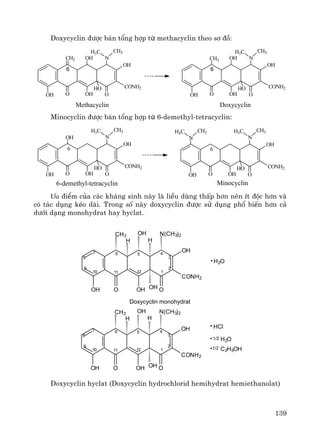 139
Doxycyclin ®−îc b¸n tæng hîp tõ methacyclin theo s¬ ®å:
Methacyclin
OH O O
OH
HO
N
CH3H3C
OH
CONH2
OHCH2
6 6
OH O O
OH
HO
N
CH3H3C
OH
CONH2
OHCH3
Doxycyclin
Minocyclin ®−îc b¸n tæng hîp tõ 6-demethyl-tetracyclin:
6-demethyl-tetracyclin
OH O O
OH
HO
N
CH3H3C
OH
OH
CONH2
6 6
OH O O
OH
HO
N
CH3H3C
OH
CONH2
Minocyclin
N
CH3H3C
−u ®iÓm cña c¸c kh¸ng sinh nμy lμ liÒu dïng thÊp h¬n nªn Ýt ®éc h¬n vμ
cã t¸c dông kÐo dμi. Trong sè nμy doxycyclin ®−îc sö dông phæ biÕn h¬n c¶
d−íi d¹ng monohydrat hay hyclat.
Doxycyclin monohydrat
.
OH
HCl
1/2
OH O OH O
CONH2
OH
H2O.
.
7
8
9
10
5
11 12
4
1
6
3
2
CH3
H
OH
H
N(CH3)2
OH
C2H5OH1/2
OH O OH O
CONH2
OH
H2O.
7
8
9
10
5
11 12
4
1
6
3
2
CH3
H
OH
H
N(CH3)2
Doxycyclin hyclat (Doxycyclin hydrochlorid hemihydrat hemiethanolat)
 