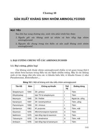 141
Ch−¬ng 10
s¶n xuÊt kh¸ng sinh nhãm aminoglycosid
Môc tiªu
Sau khi häc xong ch−¬ng nμy, sinh viªn ph¶i tr×nh bμy ®−îc:
1. Nguån gèc c¸c kh¸ng sinh tù nhiªn vμ b¸n tæng hîp nhãm
aminoglycosid.
2. Nguyªn t¾c chung trong t×m kiÕm vμ s¶n xuÊt kh¸ng sinh nhãm
aminoglycosid.
1. §¹i c−¬ng chung vÒ c¸c aminoglycosid
1.1. §¹i c−¬ng, ph©n lo¹i
C¸c kh¸ng sinh thuéc nhãm aminoglycosid chiÕm vÞ trÝ quan träng thø 2
sau nhãm beta-lactam trong ®iÒu trÞ c¸c bÖnh nhiÔm trïng. §©y lμ c¸c kh¸ng
sinh cã t¸c dông chñ yÕu trªn c¸c vi khuÈn hiÕu khÝ, vi khuÈn Gram (-) nh−
Pseudomonas, Enterobacter…
B¶ng 10.1. Mét sè kh¸ng sinh tiªu biÓu nhãm aminoglycosid
Tªn KS N¨m Chñng x¹ khuÈn ThÕ
hÖ
§−êng dïng
Streptomycin 1944 Str. griseus I Tiªm
Dihydrostrep b¸n TH tõ streptomycin I Tiªm
Neomycin 1949 Str. fradiae I Ngoµi da, uèng
Kanamycin 1957 Str. kanamyceticus I Tiªm, uèng
Paronomycin 1959 Str. rimosus I Tiªm
Gentamicin 1963 M. purpurea II Tiªm, m¾t
Sisomicin 1970 Micromonospora inyoensis II Tiªm
Netilmicin 1975 b¸n tæng hîp tõ sisomicin II Tiªm
Tobramycin 1975 Str. tenebrarius II Tiªm, m¾t
Amikacin 1976 b¸n tæng hîp tõ kanamycin II Tiªm
 