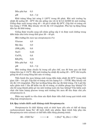 149
DÇu ph¸ bät 0,5
pH 6,8 – 7,2
Khö trïng b»ng h¬i nãng ë 120O
C trong 60 phót. Khi m«i tr−êng h¹
nhiÖt ®é xuèng 28 - 30O
C th× cÊy gièng vμo víi tû lÖ 0,5 lÝt/600 lÝt m«i tr−êng.
Gièng ®−îc nu«i trong vßng 40 – 48 giê ë nhiÖt ®é 28O
C. CÊp khÝ v« trïng víi
l−u l−îng 1 VVM. M¸y khuÊy víi tèc ®é 110 vßng/phót. Ph¸ bät tù ®éng b»ng
dÇu l¹c ®· khö trïng.
Gièng ®−îc truyÒn sang nåi nh©n gièng cÊp 2 vμ ®−îc nu«i d−ìng trong
®iÒu kiÖn nh− trªn trong thêi gian 36 – 40 giê.
M«i tr−êng lªn men t¹o streptomycin (%)
Glucose 4,0
Bét ®Ëu 3,0
(NH4)2SO4 0,6
NaCl 0,25
CaCO3 0,6
KH2PO4 0,01
DÇu ph¸ bät 0,2
pH 6,8 – 7,2
M«i tr−êng ®−îc chuÈn bÞ trong nåi pha chÕ, sau ®ã b¬m qua cét khö
trïng liªn tôc ë 134O
C. Khi m«i tr−êng h¹ nhiÖt ®é xuèng 28 – 30O
C th× truyÒn
gièng tõ nåi ñ sang b»ng khÝ nÐn v« trïng.
TiÕn hμnh lªn men kh¸ng sinh trong ®iÒu kiÖn nhiÖt ®é 28O
C trong thêi
gian 120 – 144 giê. CÊp khÝ v« trïng víi l−u l−îng 0,5 – 1VVM. M¸y khuÊy víi
tèc ®é 110 vßng/phót. Ph¸ bät tù ®éng b»ng dÇu l¹c ®· khö trïng. Cø 4 giê lÊy
mÉu ph©n tÝch 1 lÇn ®Ó kiÓm tra ®é v« trïng, cã nhiÔm phage hay kh«ng? Cã
cÇn bæ sung thμnh phÇn g× vμo m«i tr−êng nu«i cÊy hay kh«ng? CÇn kiÓm so¸t
chÆt chÏ hμm l−îng glucose trong m«i tr−êng lªn men ®Ó thu ®−îc chñ yÕu
streptomycin A.
HiÖn nay ng−êi ta vÉn ch−a x¸c ®Þnh ®−îc tiÒn chÊt trong qu¸ tr×nh sinh
tæng hîp streptomycin.
2.4. Quy tr×nh chiÕt xuÊt kh¸ng sinh Streptomycin
Streptomycin lμ chÊt kh¸ng sinh cã tÝnh base yÕu nªn cã thÓ sö dông
cacboxycationit d¹ng Na+
®Ó t¸ch chiÕt s¶n phÈm. Qu¸ tr×nh hÊp phô cña
Streptomycin trªn cationit cã thÓ biÓu diÔn b»ng ph−¬ng tr×nh:
3R – COO–
Na+
+ (Str)3+
R3 (Str.) + 3Na+
 