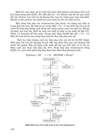150
DÞch lªn men ®−îc xö lý tr−íc khi t¸ch chiÕt kh¸ng sinh b»ng c¸ch acid
ho¸ b»ng dung dÞch H2SO4 30% ®Õn pH 2,5 - 3,0. KhuÊy nhÑ ®Ó cho qu¸ tr×nh
kÕt tña tèt h¬n. Läc trªn läc Ðp khung b¶n, hay läc trèng quay lo¹i sinh khèi.
KhuÈn ty Str. griseus rÊt m¶nh nªn qu¸ tr×nh läc cÇn cho chÊt trî läc.
Kh¶ n¨ng hÊp phô cña streptomycin phô thuéc vμo l−îng t¹p chÊt cã
trong dÞch lªn men, ®Æc biÖt lμ c¸c cation Mg++
, Ca++
v× vËy ph¶i lo¹i c¸c ion ®ã
tr−íc khi hÊp phô kh¸ng sinh b»ng c¸ch thªm oxalat natri vμo dÞch läc. KhuÊy
30 phót. Läc lo¹i tña. DÞch läc b¬m vμo thiÕt bÞ chøa vμ h¹ nhiÖt ®é ®Õn 8°C.
Thªm 1% formalin ®Ó b¶o qu¶n. Trung tÝnh b»ng NaOH ®Õn pH = 7,0 - 7,5.
DÞch ®· tinh chÕ läc qua b«ng thuû tinh råi ®em hÊp phô trªn cét.
DÞch läc chøa kh¸ng sinh cho hÊp phô trªn cét víi tèc ®é 800 lÝt/giê.
Thêi gian b·o hoμ cét kho¶ng 24 giê. Khi nμo dÞch ch¶y qua cßn kho¶ng 100
®v/ml th× ngõng. Röa cét b»ng n−íc mÒm ®Ó lo¹i t¹p chÊt h÷u c¬ vμ s¾c tè.
HiÖu suÊt giai ®o¹n hÊp phô ®¹t 95%. Ph¶n hÊp phô streptomycin b»ng
H2SO4 5%, qu¸ tr×nh ph¶n hÊp phô ®−îc biÓu diÔn b»ng ph−¬ng tr×nh:
R3(Strep) + 3H+
3RCOOH + (Strep)3+
T¶y mµu
Lo¹i muèi (cationit)
Trung hoµ (anionit)
c« ch©n kh«ng
anionit
95.000UI/ml
60.000UI/ml; pH = 2,0
+ Na 2CO 3
500UI/ml, pH = 2,0
5.000UI/ml
<50UI/ml
H 2SO 4 5%
cacboxycationit
Lo¹i Ca, Mg
trung hoµ
Lo¹i protein
Läc
Lµm l¹nh
pH 2,5 - 3
Läc
streptomycin
P/®o¹n 1
P/®o¹n 5
P/®o¹n 2
P/®o¹n 4
tinh chÕ
P/®o¹n 3
ph¶n hÊp phô
hÊp phô
sinh khèi
DÞch läc
dÞch lªn men
läc
H×nh 10.2. Quy tr×nh chiÕt xuÊt vµ tinh chÕ streptomycin
 