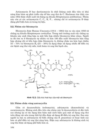 164
Actinomycin D hay dactinomycin lμ chÊt kh¸ng sinh ®Çu tiªn cã kh¶
n¨ng k×m h·m sù ph¸t triÓn cña tÕ bμo ung th− do C. Hackman t×m thÊy vμo
n¨m 1952 ®−îc chiÕt xuÊt tõ chñng x¹ khuÈn Streptomyces antibioticus. Nhãm
nμy cßn cã c¸c actinomycin C, C1, K, F… nh−ng chØ cã actinomycin D ®−îc
dïng phæ biÕn h¬n c¶ trong trÞ liÖu.
3.2. Nhãm c¸c bleomycin
Bleomycin ®−îc Hamao Umezawa (1914 – 1983) t×m ra vμo n¨m 1956 tõ
chñng x¹ khuÈn Streptomyces verticillus. Trong m«i tr−êng nu«i cÊy chñng x¹
khuÈn nμy sinh tæng hîp ra mét hçn hîp nhiÒu bleomycin kh¸c nhau. Ng−êi
ta ®· t×m ra 9 bleomycin tù nhiªn vμ h¬n 100 dÉn xuÊt bleomycin b¸n tæng
hîp nh−ng chØ cã hçn hîp chøa bleomycin A2 kh«ng chøa ion kim lo¹i chiÕm
55 – 70% vμ bleomycin B2 (25 – 30%) lμ d¹ng ®−îc sö dông nhiÒu ®Ó ®iÒu trÞ
c¸c bÖnh ung th− vÈy nÕn, tinh hoμn vμ ung th− b¹ch cÇu.
N
S
SN
O R
HO
Me
NH2
H
H
H
H
Me HO Me
H O
N
NH
H2N
O
O
O
NH2
NH
N
O
N
O
Me HN
NN
NH2
H
O
HO O
OH
O
O
OH
OH
O
OH
CONH2
OH
A2: R = -NH[CH2]3SMe2
B2: R = -NH[CH2]4NH C NH2
NH
+
,xH2SO4
H×nh 12.2. CÊu tróc ho¸ häc cña mét vµi bleomycin
3.3. Nhãm chøa vßng antracyclin
Gåm cã daunorubicin (rubomycin), adriamycin (doxorubicin) vμ
carminomycin. Kh¸ng sinh ®Çu tiªn cña nhãm nμy lμ daunorubicin cã ®éc tÝnh
cao nh−ng l¹i cã t¸c dông k×m h·m mét c¸ch hiÖu qu¶ mét sè d¹ng ung th−
trªn ®éng vËt nªn trong thêi kú ®Çu ®−îc sö dông ®Ó ®iÒu trÞ ung th−. Sau nμy
ng−êi ta t×m ra adriamycin tõ biÕn chñng cña S. peuceticus cã ho¹t tÝnh cao
h¬n vμ phæ ®iÒu trÞ ung th− réng h¬n. HiÖn nay adriamycin lμ kh¸ng sinh trÞ
ung th− ®−îc sö dông phæ biÕn h¬n c¶.
 