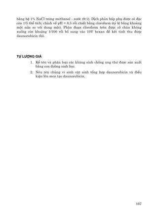 167
b»ng hÖ 1% NaCl trong methanol - n−íc (9:1). DÞch ph¶n hÊp phô ®−îc c« ®Æc
cßn 1/5 thÓ tÝch; chØnh vÒ pH = 8,5 råi chiÕt b»ng cloroform (tû lÖ b»ng kho¶ng
mét nöa so víi dung m«i). Ph©n ®o¹n cloroform trªn ®−îc c« ch©n kh«ng
xuèng cßn kho¶ng 1/100 råi bæ sung vμo 10V hexan ®Ó kÕt tinh thu ®−îc
daunorubicin th«.
Tù l−îng gi¸
1. KÓ tªn vμ ph©n lo¹i c¸c kh¸ng sinh chèng ung th− ®−îc s¶n xuÊt
b»ng con ®−êng sinh häc.
2. Nªu tªn chñng vi sinh vËt sinh tæng hîp daunorubicin vμ ®iÒu
kiÖn lªn men t¹o daunorubicin.
 