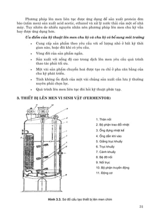 31
Ph−¬ng ph¸p lªn men liªn tôc ®−îc øng dông ®Ó s¶n xuÊt protein ®¬n
bμo (nÊm men) s¶n xuÊt acid acetic, ethanol vμ xö lý n−íc th¶i cña mét sè nhμ
m¸y. Tuy nhiªn do nhiÒu nguyªn nh©n nªn ph−¬ng ph¸p lªn men chu kú vÉn
hay ®−îc øng dông h¬n.
¦u ®iÓm cña kü thuËt lªn men chu kú vμ chu kú cã bæ sung m«i tr−êng
• Cung cÊp s¶n phÈm theo yªu cÇu víi sè l−îng nhá ë bÊt kú thêi
gian nμo, hoÆc ®«i khi cã yªu cÇu.
• Vßng ®êi cña s¶n phÈm ng¾n.
• S¶n xuÊt víi nång ®é cao trong dÞch lªn men yªu cÇu qu¸ tr×nh
thao t¸c ph¶i tèi −u.
• Mét vμi s¶n phÈm chuyÓn ho¸ ®−îc t¹o ra chØ ë pha c©n b»ng cña
chu kú ph¸t triÓn.
• TÝnh kh«ng æn ®Þnh cña mét vμi chñng s¶n xuÊt cÇn l−u ý th−êng
xuyªn ph¶i chän läc.
• Qu¸ tr×nh lªn men liªn tôc ®ßi hái kü thuËt phøc t¹p.
3. ThiÕt bÞ lªn men vi sinh vËt (fermentor)
1. Th©n nåi
2. Bé phËn trao ®æi nhiÖt
3. èng ®ùng nhiÖt kÕ
4. èng dÉn khÝ vµo
5. Gi»ng trôc khuÊy
6. Trôc khuÊy
7. C¸nh khuÊy
8. BÖ ®ì nåi
9. Nèi trôc
10. Bé phËn truyÒn ®éng
11. §éng c¬
H×nh 3.3. S¬ ®å cÊu t¹o thiÕt bÞ lªn men ch×m
 