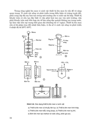 32
Trong c«ng nghÖ lªn men vi sinh vËt thiÕt bÞ lªn men lμ vÊn ®Ò v« cïng
quan träng. Vi sinh vËt sèng vμ ph¸t triÓn trong ®iÒu kiÖn v« trïng tuyÖt ®èi,
ph¶i cung cÊp ®ñ oxy hoμ tan trong m«i tr−êng cho vi sinh vËt h« hÊp. ThiÕt bÞ
khuÊy trén cã cÊu t¹o ®Æc biÖt v× võa ph¶i hoμ tan oxy vμo m«i tr−êng, võa
ph¶i khuÊy trén mét hçn hîp c¸c tÕ bμo sèng ®Æc qu¸nh kh«ng tan trong n−íc,
l¹i lμm viÖc liªn tôc trong thêi gian dμi (th−êng tõ 4-7 ngμy). ThiÕt bÞ lªn men
cÇn cã bé phËn trao ®æi nhiÖt h÷u hiÖu, v× ®a sè vi sinh vËt sèng vμ ph¸t triÓn
ë nhiÖt ®é tõ 260
C-300
C.
H×nh 3.4. C¸c d¹ng thiÕt bÞ lªn men vi sinh vËt
a) ThiÕt bÞ lªn men cã khuÊy liªn tôc, b) ThiÕt bÞ lªn men h×nh th¸p.
c) ThiÕt bÞ lªn men kiÓu vßng (loop), d) ThiÕt bÞ lªn men kþ khÝ,
e) B×nh lªn men t¹o methan tõ n−íc cèng, ph©n gia sóc.
 