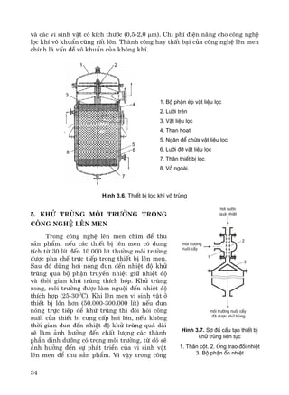 34
vμ c¸c vi sinh vËt cã kÝch th−íc (0,5-2,0 μm). Chi phÝ ®iÖn n¨ng cho c«ng nghÖ
läc khÝ v« khuÈn còng rÊt lín. Thμnh c«ng hay thÊt b¹i cña c«ng nghÖ lªn men
chÝnh lμ vÊn ®Ò v« khuÈn cña kh«ng khÝ.
1. Bé phËn Ðp vËt liÖu läc
2. L−íi trªn
3. VËt liÖu läc
4. Than ho¹t
5. Ng¨n ®Ó chøa vËt liÖu läc
6. L−íi ®ì vËt liÖu läc
7. Th©n thiÕt bÞ läc
8. Vá ngoµi.
H×nh 3.6. ThiÕt bÞ läc khÝ v« trïng
5. Khö trïng m«i tr−êng trong
c«ng nghÖ lªn men
Trong c«ng nghÖ lªn men ch×m ®Ó thu
s¶n phÈm, nÕu c¸c thiÕt bÞ lªn men cã dung
tÝch tõ 30 lÝt ®Õn 10.000 lÝt th−êng m«i tr−êng
®−îc pha chÕ trùc tiÕp trong thiÕt bÞ lªn men.
Sau ®ã dïng h¬i nãng ®un ®Õn nhiÖt ®é khö
trïng qua bé phËn truyÒn nhiÖt gi÷ nhiÖt ®é
vμ thêi gian khö trïng thÝch hîp. Khö trïng
xong, m«i tr−êng ®−îc lμm nguéi ®Õn nhiÖt ®é
thÝch hîp (25-30O
C). Khi lªn men vi sinh vËt ë
thiÕt bÞ lín h¬n (50.000-300.000 lÝt) nÕu ®un
nãng trùc tiÕp ®Ó khö trïng th× ®ßi hái c«ng
suÊt cña thiÕt bÞ cung cÊp h¬i lín, nÕu kh«ng
thêi gian ®un ®Õn nhiÖt ®é khö trïng qu¸ dμi
sÏ lμm ¶nh h−ëng ®Õn chÊt l−îng c¸c thμnh
phÇn dinh d−ìng cã trong m«i tr−êng, tõ ®ã sÏ
¶nh h−ëng ®Õn sù ph¸t triÓn cña vi sinh vËt
lªn men ®Ó thu s¶n phÈm. V× vËy trong c«ng
9
21
3
8
7
6
5
4
H×nh 3.7. S¬ ®å cÊu t¹o thiÕt bÞ
khö trïng liªn tôc
1. Th©n cét. 2. èng trao ®æi nhiÖt
3. Bé phËn æn nhiÖt
 