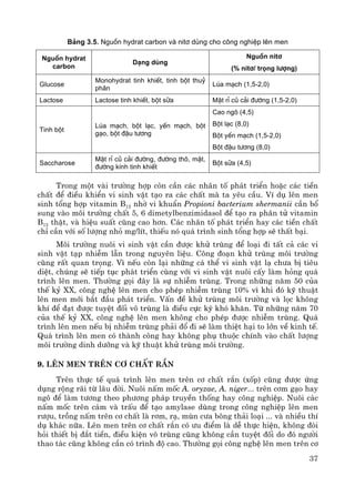 37
B¶ng 3.5. Nguån hydrat carbon vµ nit¬ dïng cho c«ng nghiÖp lªn men
Nguån hydrat
carbon
D¹ng dïng
Nguån nit¬
(% nit¬/ träng l−îng)
Glucose
Monohydrat tinh khiÕt, tinh bét thuû
ph©n
Lóa m¹ch (1,5-2,0)
Lactose Lactose tinh khiÕt, bét s÷a MËt rØ cñ c¶i ®−êng (1,5-2,0)
Tinh bét
Lóa m¹ch, bét l¹c, yÕn m¹ch, bét
g¹o, bét ®Ëu t−¬ng
Cao ng« (4,5)
Bét l¹c (8,0)
Bét yÕn m¹ch (1,5-2,0)
Bét ®Ëu t−¬ng (8,0)
Saccharose
MËt rØ cñ c¶i ®−êng, ®−êng th«, mËt,
®−êng kÝnh tinh khiÕt
Bét s÷a (4,5)
Trong mét vμi tr−êng hîp cßn cÇn c¸c nh©n tè ph¸t triÓn hoÆc c¸c tiÒn
chÊt ®Ó ®iÒu khiÓn vi sinh vËt t¹o ra c¸c chÊt mμ ta yªu cÇu. VÝ dô lªn men
sinh tæng hîp vitamin B12 nhê vi khuÈn Propioni bacterium shermanii cÇn bæ
sung vμo m«i tr−êng chÊt 5, 6 dimetylbenzimidasol ®Ó t¹o ra ph©n tö vitamin
B12 thËt, vμ hiÖu suÊt còng cao h¬n. C¸c nh©n tè ph¸t triÓn hay c¸c tiÒn chÊt
chØ cÇn víi sè l−îng nhá mg/lÝt, thiÕu nã qu¸ tr×nh sinh tæng hîp sÏ thÊt b¹i.
M«i tr−êng nu«i vi sinh vËt cÇn ®−îc khö trïng ®Ó lo¹i ®i tÊt c¶ c¸c vi
sinh vËt t¹p nhiÔm lÉn trong nguyªn liÖu. C«ng ®o¹n khö trïng m«i tr−êng
còng rÊt quan träng. V× nÕu cßn l¹i nh÷ng c¸ thÓ vi sinh vËt l¹ ch−a bÞ tiªu
diÖt, chóng sÏ tiÕp tôc ph¸t triÓn cïng víi vi sinh vËt nu«i cÊy lμm háng qu¸
tr×nh lªn men. Th−êng gäi ®©y lμ sù nhiÔm trïng. Trong nh÷ng n¨m 50 cña
thÕ kû XX, c«ng nghÖ lªn men cho phÐp nhiÔm trïng 10% v× khi ®ã kü thuËt
lªn men míi b¾t ®Çu ph¸t triÓn. VÊn ®Ò khö trïng m«i tr−êng vμ läc kh«ng
khÝ ®Ó ®¹t ®−îc tuyÖt ®èi v« trïng lμ ®iÒu cùc kú khã kh¨n. Tõ nh÷ng n¨m 70
cña thÕ kû XX, c«ng nghÖ lªn men kh«ng cho phÐp ®−îc nhiÔm trïng. Qu¸
tr×nh lªn men nÕu bÞ nhiÔm trïng ph¶i ®æ ®i sÏ lμm thiÖt h¹i to lín vÒ kinh tÕ.
Qu¸ tr×nh lªn men cã thμnh c«ng hay kh«ng phô thuéc chÝnh vμo chÊt l−îng
m«i tr−êng dinh d−ìng vμ kü thuËt khö trïng m«i tr−êng.
9. Lªn men trªn c¬ chÊt r¾n
Trªn thùc tÕ qu¸ tr×nh lªn men trªn c¬ chÊt r¾n (xèp) còng ®−îc øng
dông réng r·i tõ l©u ®êi. Nu«i nÊm mèc A. oryzae, A. niger... trªn c¬m g¹o hay
ng« ®Ó lμm t−¬ng theo ph−¬ng ph¸p truyÒn thèng hay c«ng nghiÖp. Nu«i c¸c
nÊm mèc trªn c¸m vμ trÊu ®Ó t¹o amylase dïng trong c«ng nghiÖp lªn men
r−îu, trång nÊm trªn c¬ chÊt lμ r¬m, r¹, mïn c−a b«ng th¶i lo¹i ... vμ nhiÒu thÝ
dô kh¸c n÷a. Lªn men trªn c¬ chÊt r¾n cã −u ®iÓm lμ dÔ thùc hiÖn, kh«ng ®ßi
hái thiÕt bÞ ®¾t tiÒn, ®iÒu kiÖn v« trïng còng kh«ng cÇn tuyÖt ®èi do ®ã ng−êi
thao t¸c còng kh«ng cÇn cã tr×nh ®é cao. Th−êng gäi c«ng nghÖ lªn men trªn c¬
 