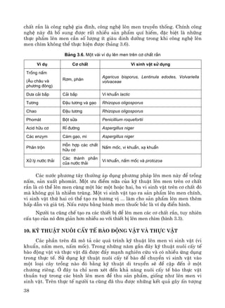38
chÊt r¾n lμ c«ng nghÖ gia ®×nh, c«ng nghÖ lªn men truyÒn thèng. ChÝnh c«ng
nghÖ nμy ®· bæ sung ®−îc rÊt nhiÒu s¶n phÈm quÝ hiÕm, ®Æc biÖt lμ nh÷ng
thùc phÈm lªn men cÇn sè l−îng Ýt giμu dinh d−ìng trong khi c«ng nghÖ lªn
men ch×m kh«ng thÓ thùc hiÖn ®−îc (b¶ng 3.6).
B¶ng 3.6. Mét vµi vÝ dô lªn men trªn c¬ chÊt r¾n
VÝ dô C¬ chÊt Vi sinh vËt sö dông
Trång nÊm
(¢u ch©u vµ
ph−¬ng ®«ng)
R¬m, ph©n
Agaricus bisporus, Lentinula edodes, Volvariella
volvaceae
D−a c¶i b¾p C¶i b¾p Vi khuÈn lactic
T−¬ng §Ëu t−¬ng vµ g¹o Rhizopus oligosporus
Chao §Ëu t−¬ng Rhizopus oligosporus
Phom¸t Bét s÷a Penicillium roquefortii
Acid h÷u c¬ RØ ®−êng Aspergillus niger
C¸c enzym C¸m g¹o, m× Aspergillus niger
Ph©n trén
Hçn hîp c¸c chÊt
h÷u c¬
NÊm mèc, vi khuÈn, x¹ khuÈn
Xö lý n−íc th¶i
C¸c thµnh phÇn
cña n−íc th¶i
Vi khuÈn, nÊm mèc vµ protozoa
C¸c n−íc ph−¬ng t©y th−êng ¸p dông ph−¬ng ph¸p lªn men nμy ®Ó trång
nÊm, s¶n xuÊt phom¸t. Mét −u ®iÓm n÷a cña kü thuËt lªn men trªn c¬ chÊt
r¾n lμ cã thÓ lªn men cïng mét lóc mét hoÆc hai, ba vi sinh vËt trªn c¬ chÊt ®ã
mμ kh«ng gäi lμ nhiÔm trïng. Mét vi sinh vËt t¹o ra s¶n phÈm lªn men chÝnh,
vi sinh vËt thø hai cã thÓ t¹o ra h−¬ng vÞ ... lμm cho s¶n phÈm lªn men thªm
hÊp dÉn vμ gi¸ trÞ. NÊu r−îu b»ng b¸nh men thuèc b¾c lμ vÝ dô ®iÓn h×nh.
Ng−êi ta còng chÕ t¹o ra c¸c thiÕt bÞ ®Ó lªn men c¸c c¬ chÊt r¾n, tuy nhiªn
cÊu t¹o cña nã ®¬n gi¶n h¬n nhiÒu so víi thiÕt bÞ lªn men ch×m (h×nh 3.3).
10. Kü thuËt nu«i cÊy tÕ bμo ®éng vËt vμ thùc vËt
C¸c phÇn trªn ®· m« t¶ c¸c qu¸ tr×nh kü thuËt lªn men vi sinh vËt (vi
khuÈn, nÊm men, nÊm mèc). Trong nh÷ng n¨m gÇn ®©y kü thuËt nu«i cÊy tÕ
bμo ®éng vËt vμ thùc vËt ®· ®−îc ®Èy m¹nh nghiªn cøu vμ cã nhiÒu øng dông
trong thùc tÕ. Sö dông kü thuËt nu«i cÊy tÕ bμo ®Ó chuyÓn vi sinh vËt vμo
mét lo¹i c©y trång nμo ®ã b»ng kü thuËt di truyÒn sÏ ®Ò cËp ®Õn ë mét
ch−¬ng riªng. ë ®©y ta chØ xem xÐt ®Õn kh¶ n¨ng nu«i cÊy tÕ bμo thùc vËt
thuÇn tuý trong c¸c b×nh lªn men ®Ó thu s¶n phÈm, gièng nh− lªn men vi
sinh vËt. Trªn thùc tÕ ng−êi ta còng ®· thu ®−îc nh÷ng kÕt qu¶ g©y Ên t−îng
 