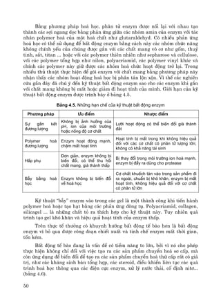 50
B»ng ph−¬ng ph¸p ho¸ häc, ph©n tö enzym ®−îc nèi l¹i víi nhau t¹o
thμnh c¸c sîi ngang däc b»ng ph¶n øng gi÷a c¸c nhãm amin cña enzym víi t¸c
nh©n polymer ho¸ cña mét ho¸ chÊt nh− glutaraldehyd. Cã nhiÒu ph¶n øng
ho¸ häc cã thÓ sö dông ®Ó bÊt ®éng enzym b»ng c¸ch nμy c¸c nhãm chøc n¨ng
kh«ng chÝnh yÕu cña chóng ®−îc g¾n víi c¸c chÊt mang v« c¬ nh− gèm, thuû
tinh, s¾t, titan ... hoÆc víi c¸c polymer thiªn nhiªn nh− sepharose vμ cellulose,
víi c¸c polymer tæng hîp nh− nilon, polyacriamid, c¸c polymer vinyl kh¸c vμ
chÝnh c¸c polymer nμy gi÷ ®−îc c¸c nhãm ho¸ chøc ho¹t ®éng trë l¹i. Trong
nhiÒu thñ thuËt thùc hiÖn ®Ó gãi enzym víi chÊt mang b»ng ph−¬ng ph¸p nμy
nhËn thÊy c¸c nhãm ho¹t ®éng ho¸ häc bÞ ph©n t¸n lén xén. V× thÕ c¸c nghiªn
cøu gÇn ®©y ®· chó ý ®Õn kü thuËt bÊt ®éng enzym sao cho c¸c enzym khi g¾n
víi chÊt mang kh«ng bÞ mÊt hoÆc gi¶m ®i ho¹t tÝnh cña m×nh. Giíi h¹n cña kü
thuËt bÊt ®éng enzym ®−îc tr×nh bμy ë b¶ng 4.5.
B¶ng 4.5. Nh÷ng h¹n chÕ cña kü thuËt bÊt ®éng enzym
Ph−¬ng ph¸p ¦u ®iÓm Nh−îc ®iÓm
Sù g¾n kÕt
®−¬ng l−îng
Kh«ng bÞ ¶nh h−ëng cña
pH, ion cña m«i tr−êng
hoÆc nång ®é c¬ chÊt
L−íi ho¹t ®éng cã thÓ biÕn ®æi gi¸ thµnh
®¾t
Polymer ho¸
®−¬ng l−îng
Enzym ho¹t ®éng m¹nh,
chËm mÊt ho¹t tÝnh
Ho¹t tÝnh bÞ mÊt trong khi kh«ng hiÖu qu¶
®èi víi c¸c c¬ chÊt cã ph©n tö l−îng lín;
kh«ng cã kh¶ n¨ng t¸i sinh
HÊp phô
§¬n gi¶n, enzym kh«ng bÞ
biÕn ®æi, cã thÓ thu håi
chÊt mang, gi¸ thµnh thÊp
BÞ thay ®æi trong m«i tr−êng ion ho¸ m¹nh,
enzym bÞ ®Èy ra dïng cho protease
BÉy b»ng ho¸
häc
Enzym kh«ng bÞ biÕn ®æi
vÒ ho¸ häc
C¬ chÊt khuÕch t¸n vµo trong s¶n phÈm ®i
ra ngoµi, chuÈn bÞ khã kh¨n, enzym bÞ mÊt
ho¹t tÝnh, kh«ng hiÖu qu¶ ®èi víi c¬ chÊt
cã ph©n tö lín
Kü thuËt “bÉy” enzym vμo trong c¸c gel lμ mét thμnh c«ng khi tiÕn hμnh
polymer ho¸ hoÆc t¹o h¹t b»ng c¸c ph¶n øng ®«ng tô. Polyacriamid, collagen,
silicagel ... lμ nh÷ng chÊt tá ra thÝch hîp cho kü thuËt nμy. Tuy nhiªn qu¸
tr×nh t¹o gel khã kh¨n vμ hiÖu qu¶ ho¹t tÝnh cña enzym thÊp.
Trªn thùc tÕ th−êng cã khuynh h−íng bÊt ®éng tÕ bμo h¬n lμ bÊt ®éng
enzym v× bá qua ®−îc c«ng ®o¹n chiÕt xuÊt vμ tinh chÕ enzym mÊt thêi gian,
tèn kÐm.
BÊt ®éng tÕ bμo ®ang lμ vÊn ®Ò cã tiÒm n¨ng to lín, bëi v× nã cho phÐp
thùc hiÖn kh«ng chØ ®èi víi viÖc t¹o ra c¸c s¶n phÈm chuyÓn ho¸ s¬ cÊp, mμ
cßn øng dông ®Ó biÕn ®æi ®Ó t¹o ra c¸c s¶n phÈm chuyÓn ho¸ thø cÊp rÊt cã gi¸
trÞ, nh− c¸c kh¸ng sinh b¸n tæng hîp, c¸c steroid, ®iÒu khiÓn liªn tôc c¸c qu¸
tr×nh ho¸ häc th«ng qua c¸c ®iÖn cùc enzym, xö lý n−íc th¶i, cè ®Þnh nit¬...
(b¶ng 4.6).
 