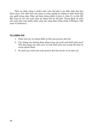 66
NÊm ¨n ®−îc trång ë nhiÒu n−íc trªn thÕ giíi ë c¸c ®iÒu kiÖn khÝ hËu
kh¸c nhau. C¸c chÊt th¶i cña n«ng vμ c«ng nghiÖp lμ nh÷ng c¬ chÊt thÝch hîp
cña nghÒ trång nÊm. NÊm mì ®−îc trång nhiÒu ë ch©u ¸, ch©u óc vμ b¾c MÜ.
§μi Loan lμ n¬i s¶n xuÊt nÊm ¨n ®øng thø ba thÕ giíi. Trung Quèc lμ n−íc
s¶n xuÊt nÊm r¬m nhiÒu nhÊt, nÊm nμy còng ®−îc trång nhiÒu ë Philipin, ViÖt
nam vμ Indonecia.
Tù l−îng gi¸
1. Ph©n tÝch c¸c −u nh−îc ®iÓm c¬ b¶n cña protein ®¬n bμo
2. C¸c chñng nμo th−êng ®−îc dïng trong s¶n xuÊt sinh khèi nÊm men?
Nªu øng dông cña nÊm men vμ sinh khèi nÊm men trong ®êi sèng vμ
trong ngμnh D−îc.
3. So s¸nh quy tr×nh s¶n xuÊt protein ®¬n bμo tõ t¶o vμ tõ nÊm sîi.
 
