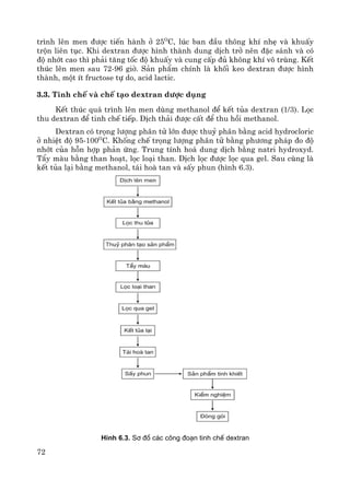 72
tr×nh lªn men ®−îc tiÕn hμnh ë 25O
C, lóc ban ®Çu th«ng khÝ nhÑ vμ khuÊy
trén liªn tôc. Khi dextran ®−îc h×nh thμnh dung dÞch trë nªn ®Æc s¸nh vμ cã
®é nhít cao th× ph¶i t¨ng tèc ®é khuÊy vμ cung cÊp ®ñ kh«ng khÝ v« trïng. KÕt
thóc lªn men sau 72-96 giê. S¶n phÈm chÝnh lμ khèi keo dextran ®−îc h×nh
thμnh, mét Ýt fructose tù do, acid lactic.
3.3. Tinh chÕ vμ chÕ t¹o dextran d−îc dông
KÕt thóc qu¸ tr×nh lªn men dïng methanol ®Ó kÕt tña dextran (1/3). Läc
thu dextran ®Ó tinh chÕ tiÕp. DÞch th¶i ®−îc cÊt ®Ó thu håi methanol.
Dextran cã träng l−îng ph©n tö lín ®−îc thuû ph©n b»ng acid hydrocloric
ë nhiÖt ®é 95-100O
C. Khèng chÕ träng l−îng ph©n tö b»ng ph−¬ng ph¸p ®o ®é
nhít cña hçn hîp ph¶n øng. Trung tÝnh ho¸ dung dÞch b»ng natri hydroxyd.
TÈy mμu b»ng than ho¹t, läc lo¹i than. DÞch läc ®−îc läc qua gel. Sau cïng lμ
kÕt tña l¹i b»ng methanol, t¸i hoμ tan vμ sÊy phun (h×nh 6.3).
H×nh 6.3. S¬ ®å c¸c c«ng ®o¹n tinh chÕ dextran
 