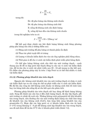 92
oX
Dc
Dt
X ×=
trong ®ã:
Dc: ®é pha lo·ng cña kh¸ng sinh chuÈn
Dt: ®é pha lo·ng cña kh¸ng sinh thö
X: nång ®é kh¸ng sinh cÇn ®Þnh l−îng
Xo: nång ®é ban ®Çu cña kh¸ng sinh chuÈn
trong thÝ nghiÖm trªn ta cã:
mlmcgX /32010
32
1024
=×=
§Ó kÕt qu¶ ®−îc chÝnh x¸c khi ®Þnh l−îng kh¸ng sinh b»ng ph−¬ng
ph¸p pha lo·ng cÇn chó ý nh÷ng ®iÓm sau:
(1) Dïng m«i tr−êng ®Ó pha lo·ng cã thμnh phÇn æn ®Þnh
(2) Thao t¸c ph¶i tuyÖt ®èi v« trïng
(3) L−îng vi khuÈn kiÓm ®Þnh cho vμo c¸c èng nghiÖm ph¶i b»ng nhau.
(4) Thêi gian ñ ®Ó cho vi sinh vËt kiÓm ®Þnh ph¸t triÓn ph¶i h»ng ®Þnh.
Cã thÓ pha lo·ng kh¸ng sinh cÇn thö vμo m«i tr−êng th¹ch - canh
thang sau ®ã ®æ ra hép petri ®îi th¹ch ®«ng ta cÊy c¸c vi sinh vËt kiÓm ®Þnh
vμo, ®Ó tñ Êm cho vi sinh vËt ph¸t triÓn sau 20 - 24 giê mang ra ®äc kÕt qu¶.
¦u ®iÓm cña ph−¬ng ph¸p nμy lμ trªn 1 hép Petri ta cã thÓ thö nhiÒu vi sinh
vËt kiÓm ®Þnh.
11.1.2. Ph−¬ng ph¸p khuÕch t¸n trªn th¹ch
Nguyªn t¾c: kh¸ng sinh khuÕch t¸n vμo m«i tr−êng th¹ch cã chøa vi sinh
vËt kiÓm ®Þnh t¹o ra c¸c vßng øc chÕ sù ph¸t triÓn cña vi sinh vËt kiÓm ®Þnh.
§o ®é lín cña vßng øc chÕ kh¸ng sinh chuÈn vμ kh¸ng sinh thö råi tÝnh to¸n
hay tra b¶ng tÝnh s½n nång ®é sÏ cho kÕt qu¶ cÇn ph©n tÝch.
Ph−¬ng ph¸p khuÕch t¸n trªn th¹ch rÊt hay dïng ®Ó ®Þnh l−îng kh¸ng
sinh. Song ®Ó chÝnh x¸c cÇn l−u ý ®Õn chÊt l−îng th¹ch, ®é dμy líp th¹ch, pH
m«i tr−êng vμ nhiÖt ®é nu«i cÊy. Nh÷ng kh¸ng sinh polypeptid rÊt khã khuÕch
t¸n trong th¹ch, nªn th−êng cho vμo m«i tr−êng ®Þnh l−îng c¸c chÊt lμm t¨ng
®é khuÕch t¸n cña kh¸ng sinh (CaCl2 lμm t¨ng kh¶ n¨ng khuÕch t¸n cña
gramicidin C). HoÆc ®Æt c¸c hép petri cã vi khuÈn kiÓm ®Þnh vμo tñ l¹nh
(+ 4°C) trong kho¶ng 5 - 6 giê ®Ó kh¸ng sinh kÞp khuÕch t¸n vμo trong th¹ch,
sau ®ã míi ®em ®Ó tñ Êm 37°C cho vi khuÈn ph¸t triÓn (h×nh 7.2).
 