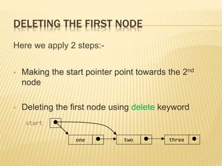 DELETING THE FIRST NODE
Here we apply 2 steps:-
 Making the start pointer point towards the 2nd
node
 Deleting the first node using delete keyword
threetwoone
start
 