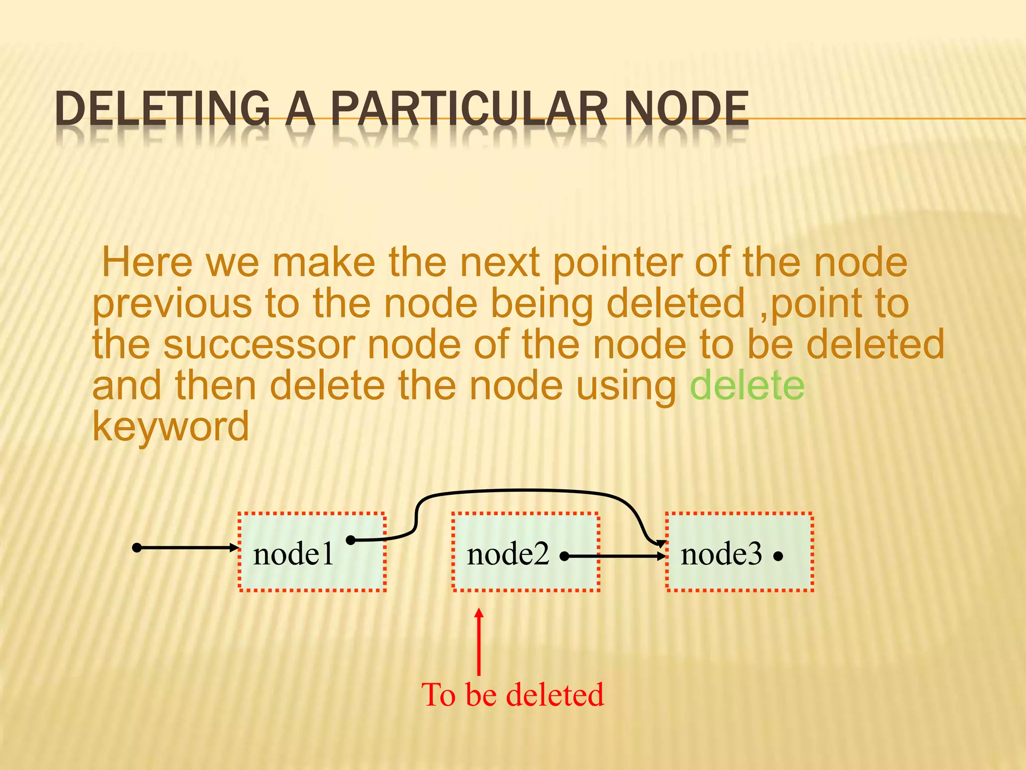 DELETING A PARTICULAR NODE
Here we make the next pointer of the node
previous to the node being deleted ,point to
the successor node of the node to be deleted
and then delete the node using delete
keyword
node1 node2 node3
To be deleted
 