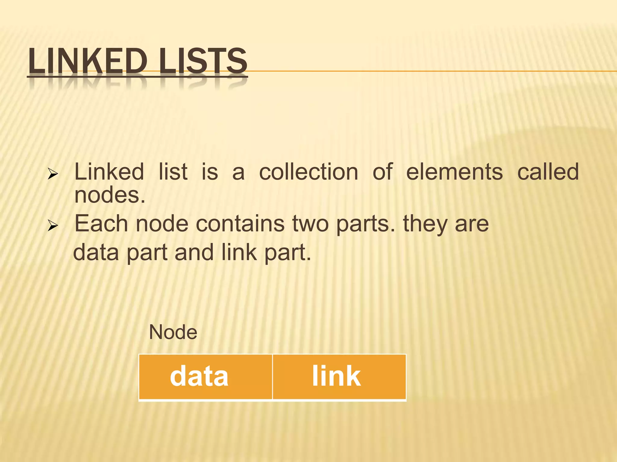 LINKED LISTS
 Linked list is a collection of elements called
nodes.
 Each node contains two parts. they are
data part and link part.
Node
data link
 