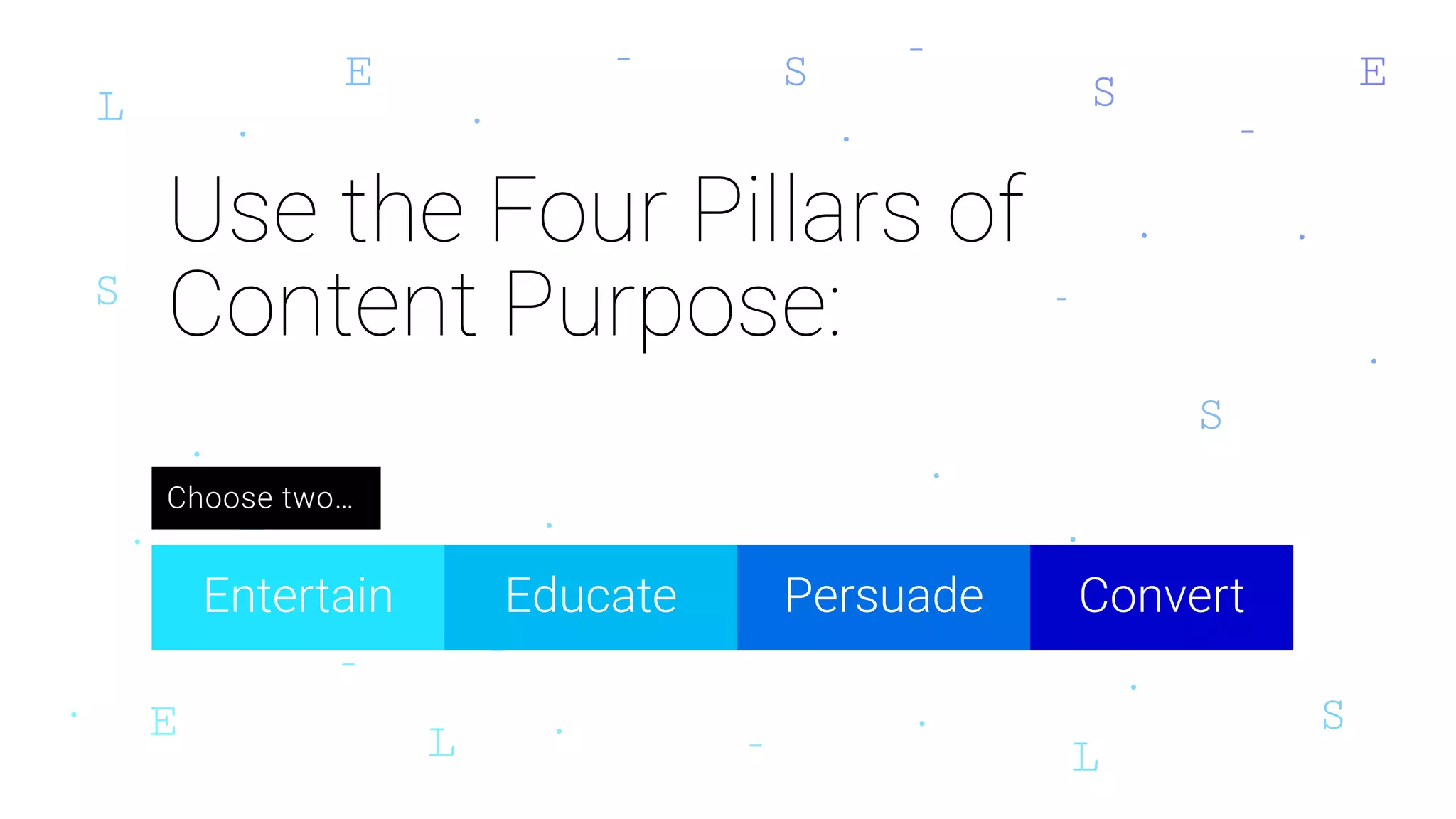 Use the Four Pillars of
Content Purpose:
Entertain Educate Persuade Convert
Choose two…
 