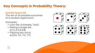 Key Concepts in Probability Theory:
Sample Space (S)
The set of all possible outcomes
of a random experiment.
Examples:
▪ Coin flip: Ω={Heads, Tails}
▪ Rolling a single die:
Ω={1,2,3,4,5,6}
▪ Flipping two coins:
Ω={HH, HT, TH, TT}
 