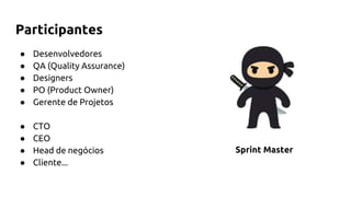 Participantes
● Desenvolvedores
● QA (Quality Assurance)
● Designers
● PO (Product Owner)
● Gerente de Projetos
● CTO
● CEO
● Head de negócios
● Cliente...
Sprint Master
 