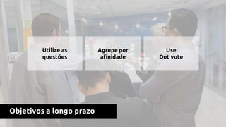 Objetivos a longo prazo
Utilize as
questões
Agrupe por
afinidade
Use
Dot vote
 