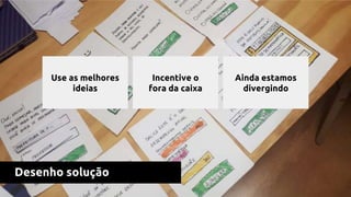 Desenho solução
Use as melhores
ideias
Incentive o
fora da caixa
Ainda estamos
divergindo
 