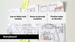 Storyboard
Use as ideias mais
votadas
Pense na jornada
completa
Finalize todas
as decisões
 