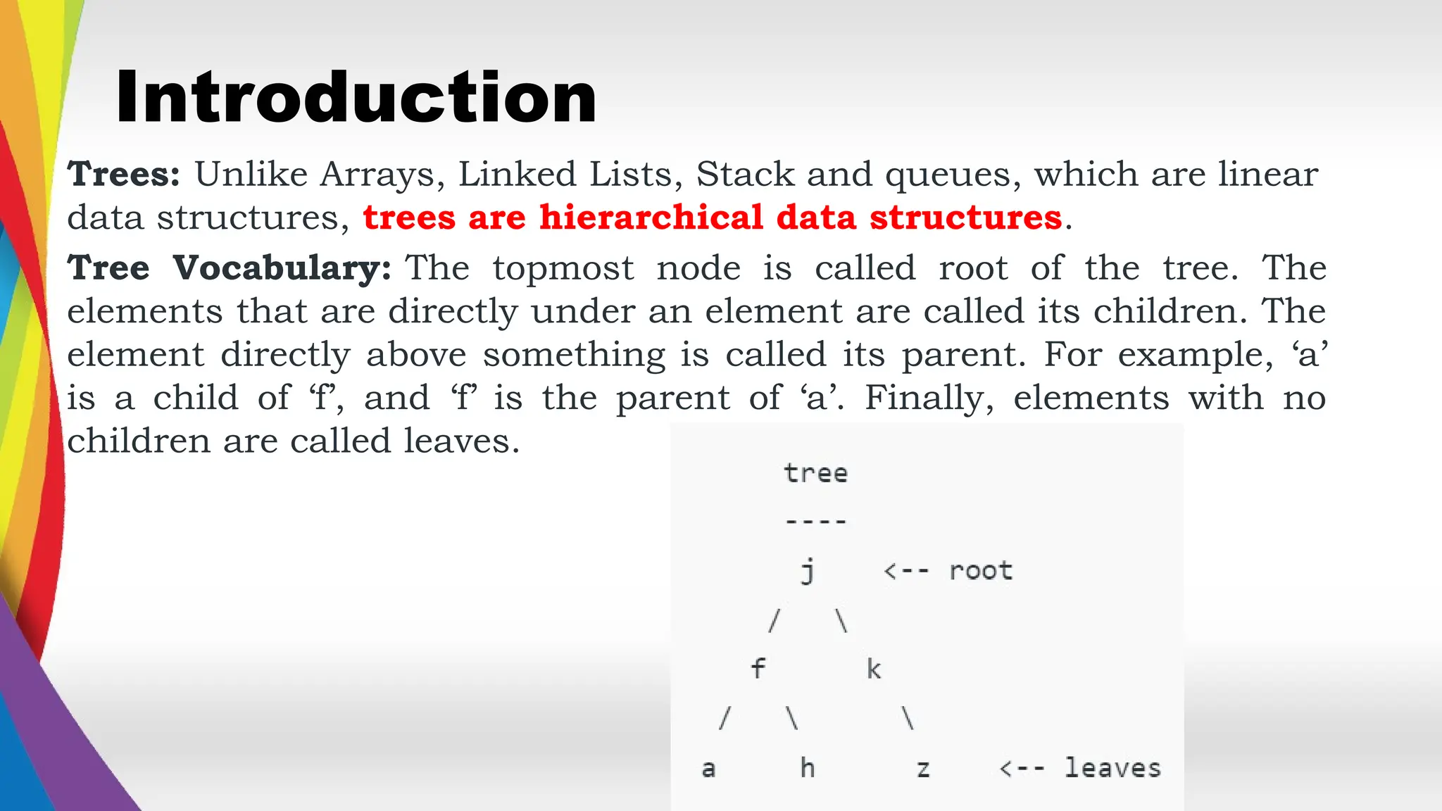 Introduction
Trees: Unlike Arrays, Linked Lists, Stack and queues, which are linear
data structures, trees are hierarchical data structures.
Tree Vocabulary: The topmost node is called root of the tree. The
elements that are directly under an element are called its children. The
element directly above something is called its parent. For example, ‘a’
is a child of ‘f’, and ‘f’ is the parent of ‘a’. Finally, elements with no
children are called leaves.
 