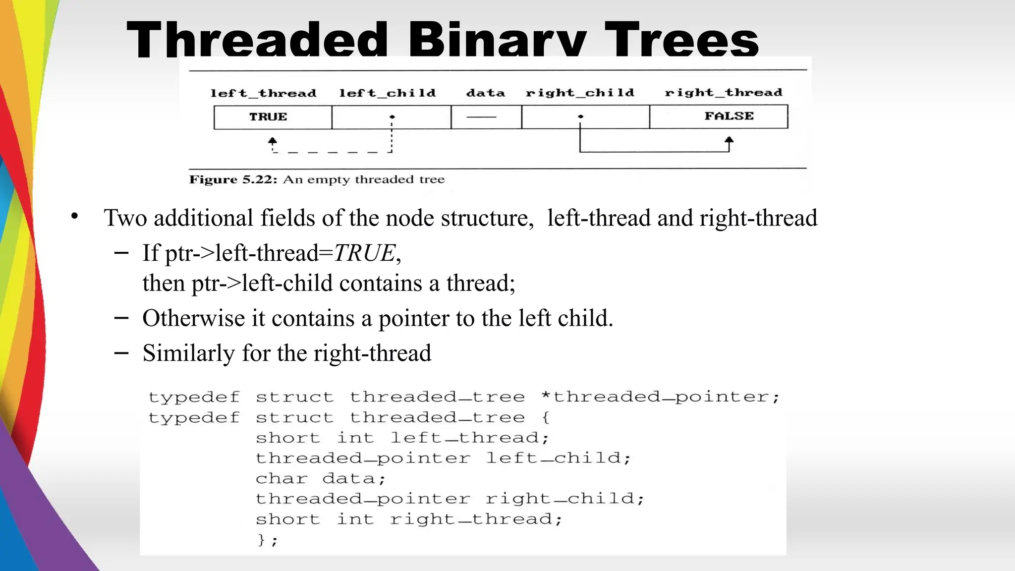 Threaded Binary Trees
• Two additional fields of the node structure, left-thread and right-thread
– If ptr->left-thread=TRUE,
then ptr->left-child contains a thread;
– Otherwise it contains a pointer to the left child.
– Similarly for the right-thread
 