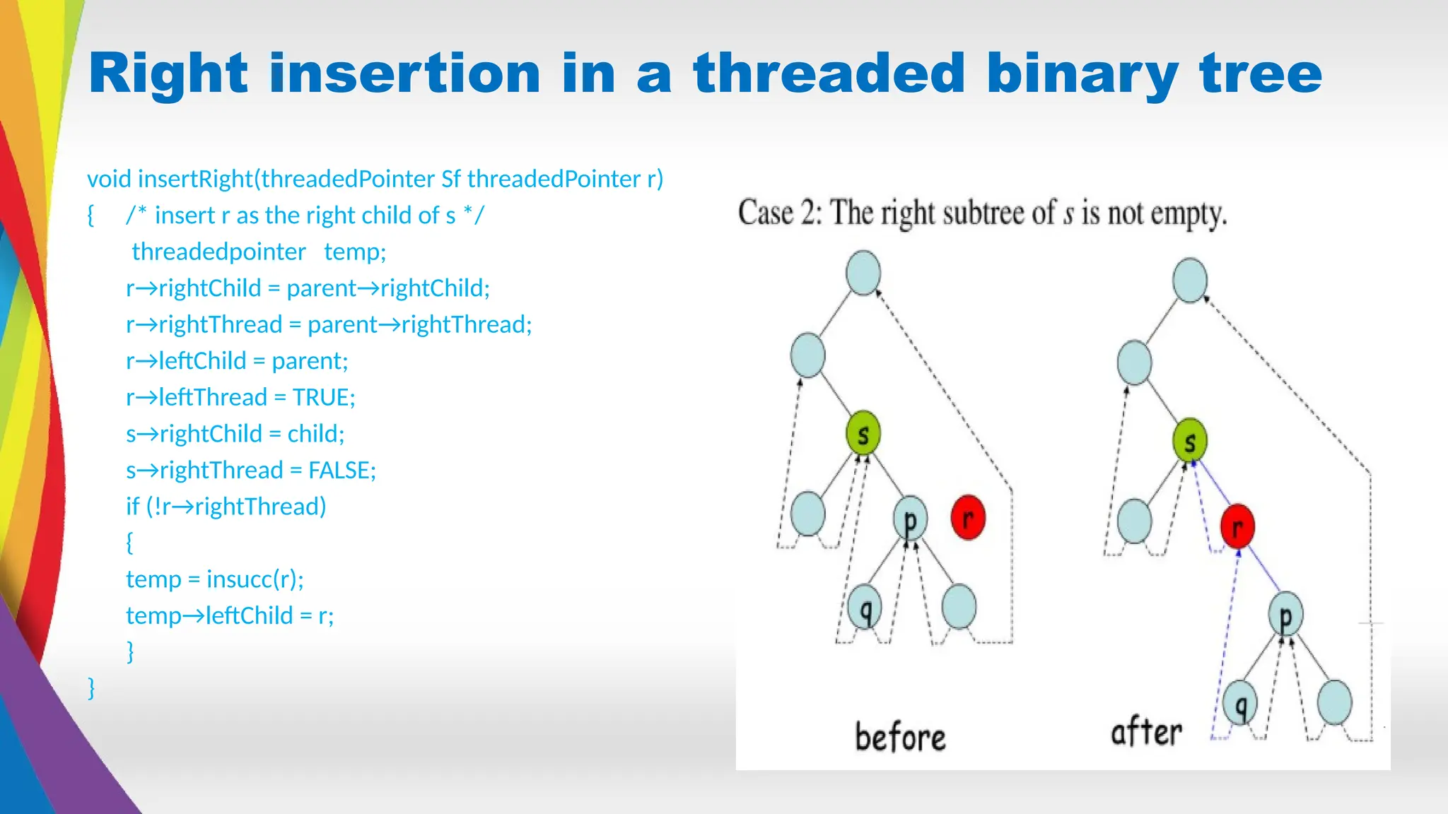 Right insertion in a threaded binary tree
void insertRight(threadedPointer Sf threadedPointer r)
{ /* insert r as the right child of s */
threadedpointer temp;
r→rightChild = parent→rightChild;
r→rightThread = parent→rightThread;
r→leftChild = parent;
r→leftThread = TRUE;
s→rightChild = child;
s→rightThread = FALSE;
if (!r→rightThread)
{
temp = insucc(r);
temp→leftChild = r;
}
}
 