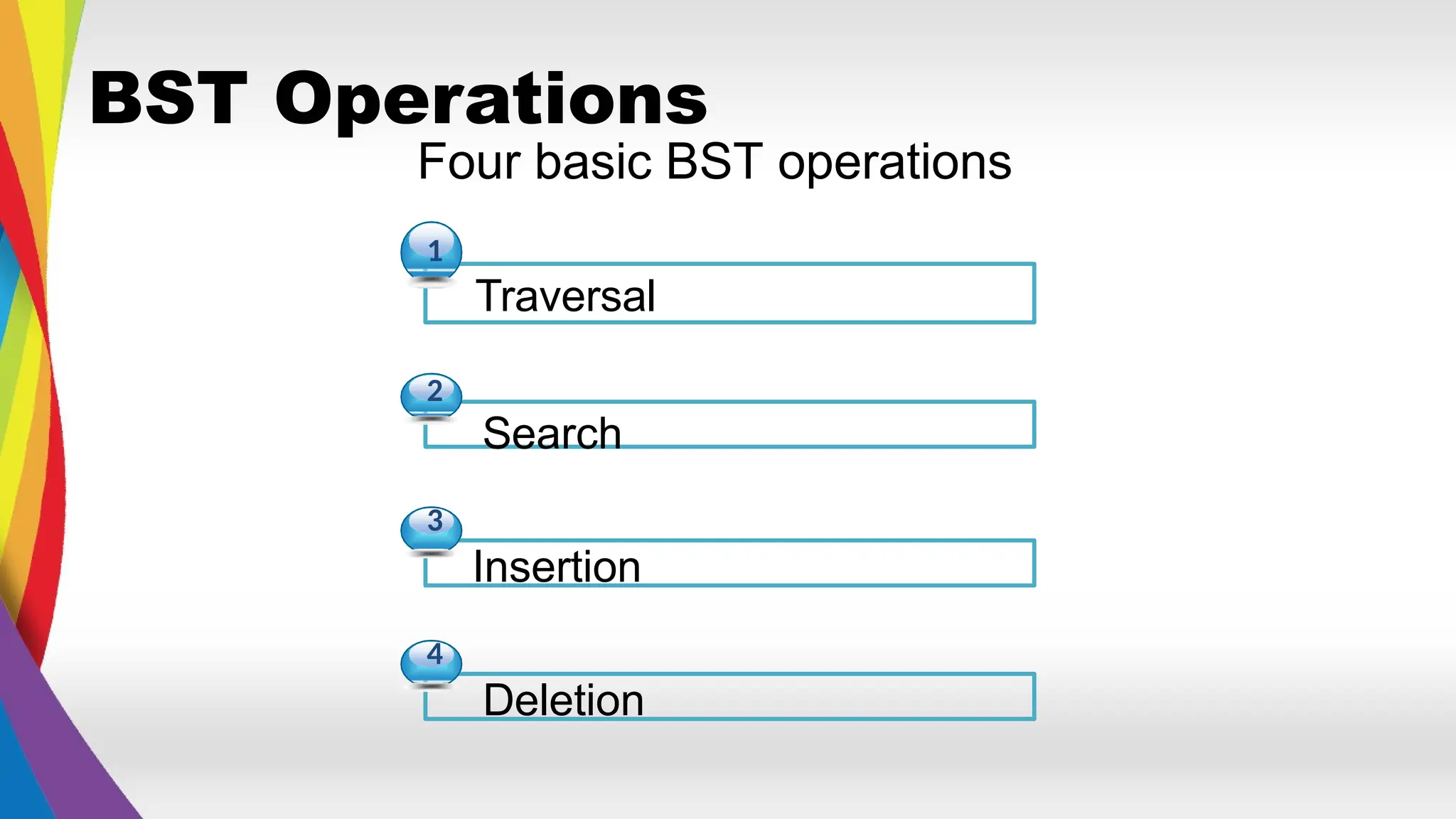 Four basic BST operations
1
Traversal
2
Search
3
Insertion
4
Deletion
BST Operations
 