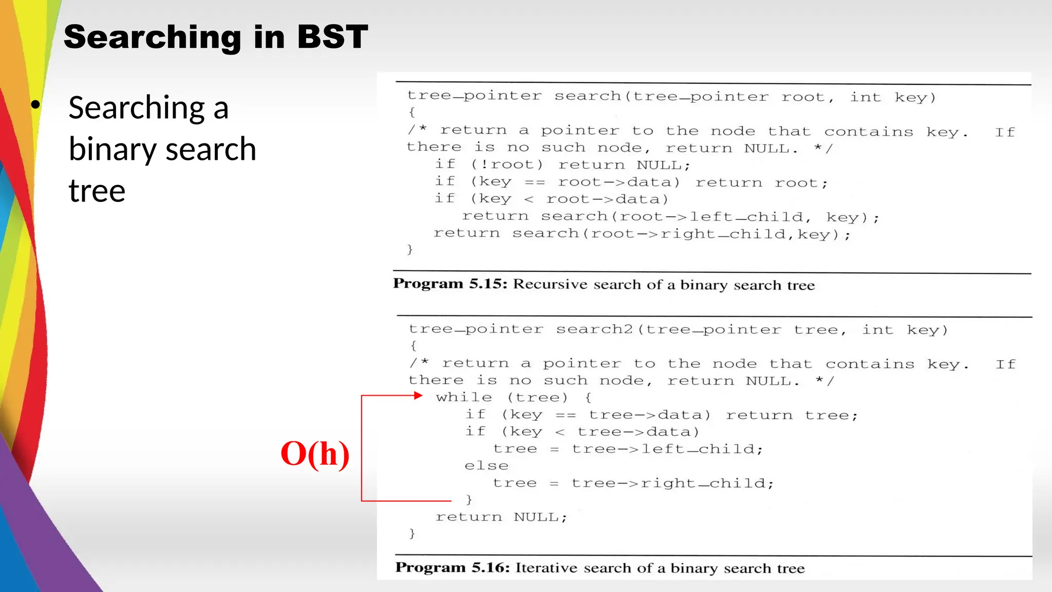 Searching in BST
• Searching a
binary search
tree
O(h)
 