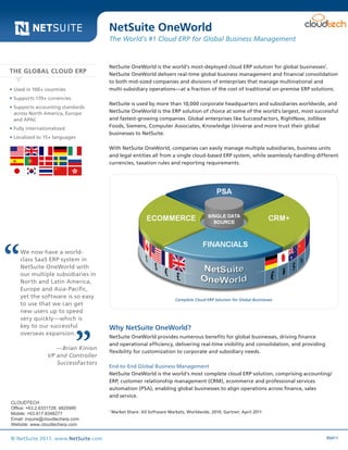 NetSuite OneWorld

Data Sheet

The World’s #1 Cloud ERP for Global Business Management

THE GLOBAL CLOUD ERP
•	Used in 100+ countries
•	Supports 170+ currencies
•	Supports accounting standards
across North America, Europe
and APAC
•	Fully internationalized
•	Localized to 15+ languages

NetSuite OneWorld is the world’s most-deployed cloud ERP solution for global businesses1.
NetSuite OneWorld delivers real-time global business management and financial consolidation
to both mid-sized companies and divisions of enterprises that manage multinational and
multi-subsidiary operations—at a fraction of the cost of traditional on-premise ERP solutions.
NetSuite is used by more than 10,000 corporate headquarters and subsidiaries worldwide, and
NetSuite OneWorld is the ERP solution of choice at some of the world’s largest, most successful
and fastest-growing companies. Global enterprises like SuccessFactors, RightNow, Jollibee
Foods, Siemens, Computer Associates, Knowledge Universe and more trust their global
businesses to NetSuite.
With NetSuite OneWorld, companies can easily manage multiple subsidiaries, business units
and legal entities all from a single cloud-based ERP system, while seamlessly handling different
currencies, taxation rules and reporting requirements.

We now have a worldclass SaaS ERP system in
NetSuite OneWorld with
our multiple subsidiaries in
North and Latin America,
Europe and Asia-Pacific,
yet the software is so easy
to use that we can get
new users up to speed
very quickly—which is
key to our successful
overseas expansion.
—Brian Kinion
VP and Controller
SuccessFactors

CLOUDTECH
Office: +63.2.6331728; 4820995
Mobile: +63.917.8348277
Email: inquire@cloudtecherp.com
Website: www.cloudtecherp.com

© NetSuite 2011. www.NetSuite.com

Complete Cloud ERP Solution for Global Businesses

Why NetSuite OneWorld?
NetSuite OneWorld provides numerous benefits for global businesses, driving finance
and operational efficiency, delivering real-time visibility and consolidation, and providing
flexibility for customization to corporate and subsidiary needs.
End-to-End Global Business Management
NetSuite OneWorld is the world’s most complete cloud ERP solution, comprising accounting/
ERP, customer relationship management (CRM), ecommerce and professional services
automation (PSA), enabling global businesses to align operations across finance, sales
and service.
1

Market Share: All Software Markets, Worldwide, 2010, Gartner, April 2011

R0411

 