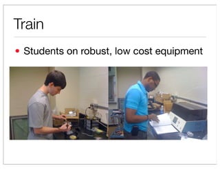 rrently four undergraduate students, including one underrepresented minority, are performing researc
 ated to the printer. Two chemical engineering undergraduates are examining the use of the IJ Fisna


        Train
 nter along with a Universal Laser Systems Versalaser 6.60 to rapid prototype batteries into flexibl
bstrates. Two mechanical engineering undergraduates are improving the IJ Fisnar system, addin
mputer vision for automated alignment of multiple layers. Both of these projects are in anticipation o
 ther work to be carried out as described in section 2. The work of the chemical engineering students i
cused on qualitative studies of adhesion strength and delamination of printed structures on flexibl
        ? Students on robust, low cost equipment
bstrate, assisting the PI in determining quantitative parameters. The computer vision work i
eliminary to the complementary fiber woodpile structures discussed in section 2.3. One high schoo
 dent is preparing ZnI2 cells using the IJ Fisnar printer and the laser cutter.




gure 12) High school student (left) and undergraduate student (right) preparing various aspects of a printed batter
3.   Rapid Prototyping of Electrochemical Systems with Stuyvesant High School
 encourage young students to explore engineering, the PI is collaborating with Stuyvesant High Schoo
 