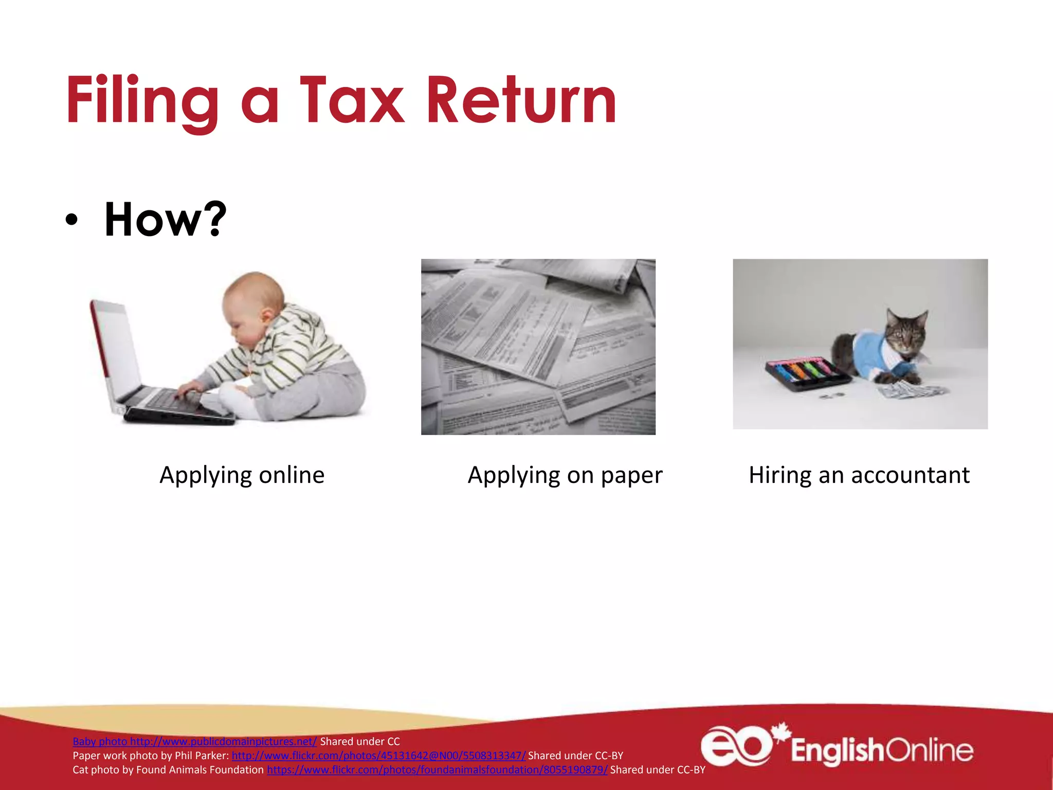 Filing a Tax Return
• How?
Applying online Applying on paper Hiring an accountant
Baby photo http://www.publicdomainpictures.net/ Shared under CC
Paper work photo by Phil Parker: http://www.flickr.com/photos/45131642@N00/5508313347/ Shared under CC-BY
Cat photo by Found Animals Foundation https://www.flickr.com/photos/foundanimalsfoundation/8055190879/ Shared under CC-BY
 