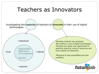 Investigating the  capacity  of teachers to  innovate  in their use of digital technologies Opportunities Motivations Encouragement Barriers Develop (radical) new practices Be creative in use of digital technologies Develop and apply new approaches to teaching, learning, using of resources and links outside the classroom Respond to new possibilities and new problems institutional personal local national Teachers as Innovators 