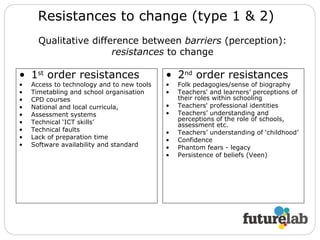 1 st  order resistances Access to technology and to new tools Timetabling and school organisation CPD courses National and local curricula, Assessment systems Technical ‘ICT skills’ Technical faults Lack of preparation time Software availability and standard 2 nd  order resistances Folk pedagogies/sense of biography Teachers' and learners’ perceptions of their roles within schooling  Teachers' professional identities Teachers’ understanding and perceptions of the role of schools, assessment etc.  Teachers’ understanding of ‘childhood’ Confidence Phantom fears - legacy Persistence of beliefs (Veen) Resistances to change (type 1 & 2) Qualitative difference between  barriers  (perception): resistances  to change 