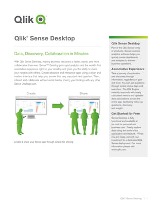 Qlik®
Sense Desktop | 1
Qlik Sense Desktop
Part of the Qlik Sense family
of products, Sense Desktop
analytics software helps you
quickly create dashboards
and analyses to answer
business questions.
Associative Experience
Take a journey of exploration
and discovery through
information, regardless of your
skill level. You can ask questions
through simple clicks, taps and
searches. The Qlik Engine
instantly responds with newly
calculated metrics and updated
data associations across the
entire app, facilitating follow-up
questions, discovery,
and insight.
Get Started for Free
Sense Desktop is fully
functional and available at
no cost for personal and
business use. Freely explore
data using the world’s first
associative architecture. When
you are ready, convert your
investment to a dedicated Qlik
Sense deployment. For more
information please visit
www.qlik.com.
Qlik®
Sense Desktop
Data, Discovery, Collaboration in Minutes
With Qlik Sense Desktop, making business decisions is faster, easier, and more
collaborative than ever. Sense™ Desktop puts rapid analytics and the world’s first
associative experience right on your desktop and gives you the ability to share
your insights with others. Create attractive and interactive apps using a clean and
modern interface that helps you answer that very important next question. Then,
interact and collaborate without restriction by sharing your findings with any other
Sense Desktop user.
Create & share your Sense app through simple file sharing
 