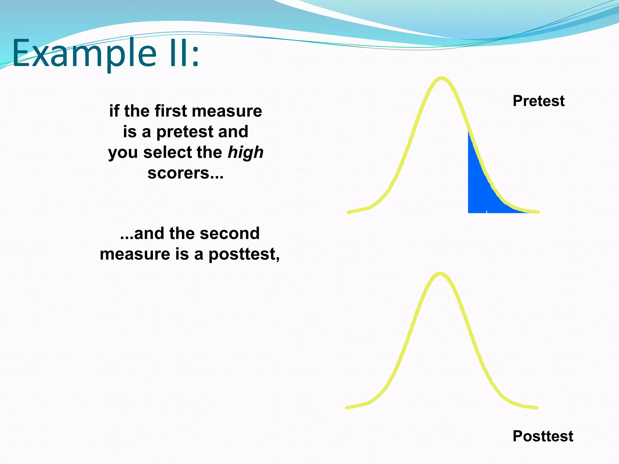 Example II:
if the first measure
is a pretest and
you select the high
scorers...
...and the second
measure is a posttest,
Pretest
Posttest
 