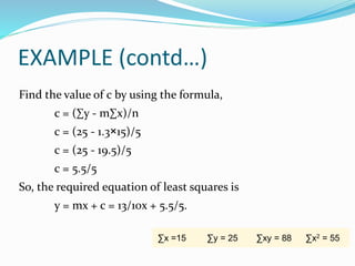 EXAMPLE (contd…)
Find the value of c by using the formula,
c = (∑y - m∑x)/n
c = (25 - 1.3×15)/5
c = (25 - 19.5)/5
c = 5.5/5
So, the required equation of least squares is
y = mx + c = 13/10x + 5.5/5.
∑x =15 ∑y = 25 ∑xy = 88 ∑x2 = 55
 