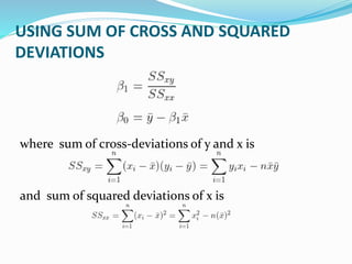 USING SUM OF CROSS AND SQUARED
DEVIATIONS
where sum of cross-deviations of y and x is
and sum of squared deviations of x is
 