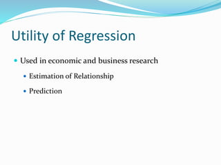 Utility of Regression
 Used in economic and business research
 Estimation of Relationship
 Prediction
 