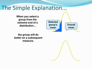 The Simple Explanation...
When you select a
group from the
extreme end of a
distribution...
the group will do
better on a subsequent
measure.
Selected
group’s
mean
Overall
mean
 