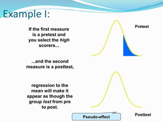 Example I:
...and the second
measure is a posttest,
Pretest
Posttest
regression to the
mean will make it
appear as though the
group lost from pre
to post.
Pseudo-effect
If the first measure
is a pretest and
you select the high
scorers...
 