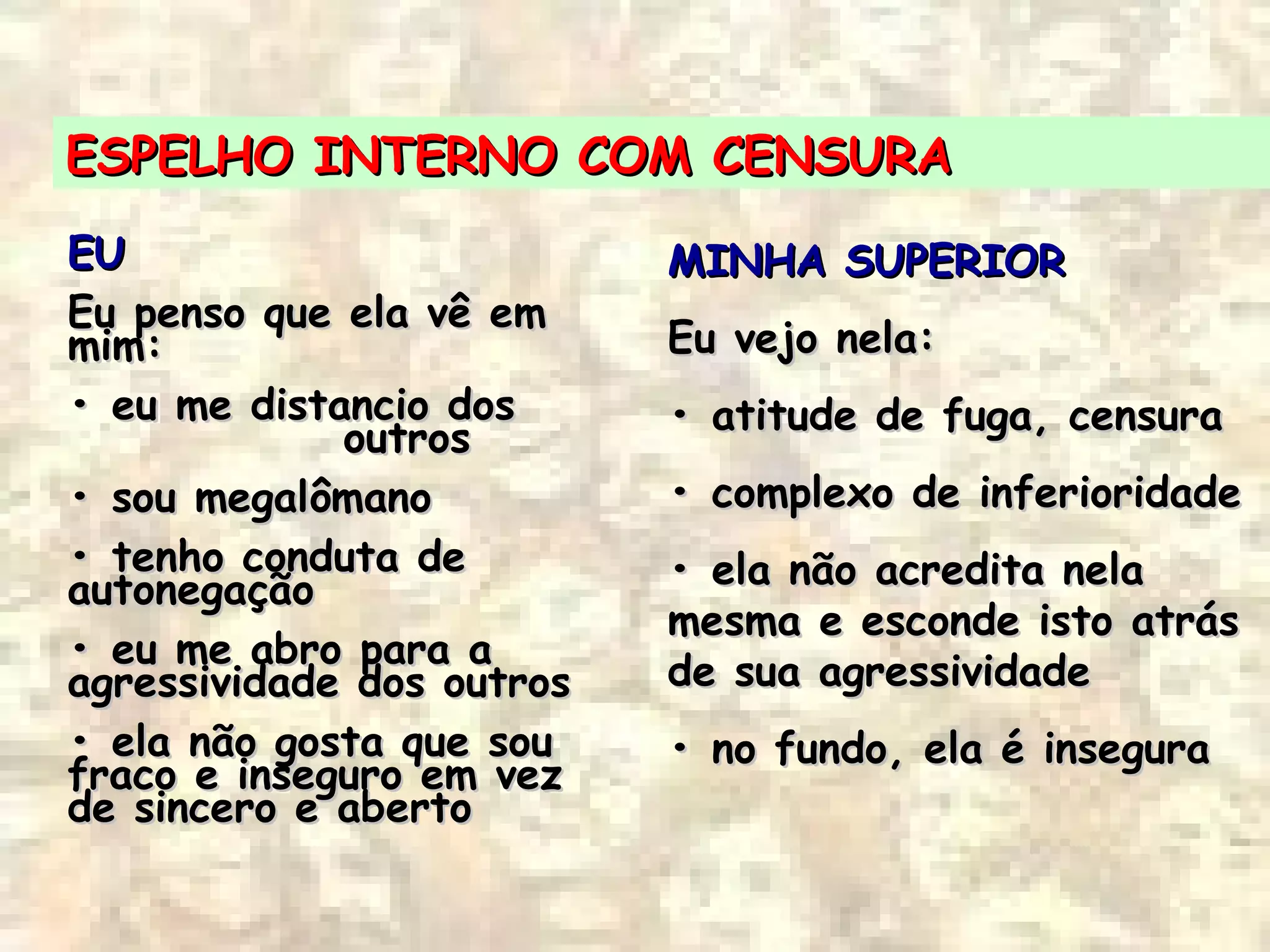 ESPELHO INTERNO COM CENSURAESPELHO INTERNO COM CENSURA
EUEU
Eu penso que ela vê emEu penso que ela vê em
mim:mim:
•• eu me distancio doseu me distancio dos
outrosoutros
•• sou megalômanosou megalômano
•• tenho conduta detenho conduta de
autonegaçãoautonegação
•• eu me abro para aeu me abro para a
agressividade dos outrosagressividade dos outros
•• ela não gosta que souela não gosta que sou
fraco e inseguro em vezfraco e inseguro em vez
de sincero e abertode sincero e aberto
MINHA SUPERIORMINHA SUPERIOR
Eu vejo nela:Eu vejo nela:
•• atitude de fuga, censuraatitude de fuga, censura
•• complexo de inferioridadecomplexo de inferioridade
•• ela não acredita nelaela não acredita nela
mesma e esconde isto atrásmesma e esconde isto atrás
de sua agressividadede sua agressividade
•• no fundo, ela é insegurano fundo, ela é insegura
 