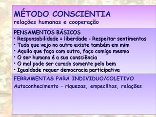 MÉTODO CONSCIENTIA
relações humanas e cooperação
MÉTODO CONSCIENTIA
relações humanas e cooperação
FERRAMENTAS PARA INDIVIDUO/COLETIVO
Autoconhecimento – riquezas, empecilhos, relações
FERRAMENTAS PARA INDIVIDUO/COLETIVO
Autoconhecimento – riquezas, empecilhos, relações
PENSAMENTOS BÁSICOSPENSAMENTOS BÁSICOS
• Responsabilidade = liberdade - Respeitar sentimentosResponsabilidade = liberdade - Respeitar sentimentos
• Tudo que vejo no outro existe também em mimTudo que vejo no outro existe também em mim
• Aquilo que faço com outro, faço comigo mesmoAquilo que faço com outro, faço comigo mesmo
• O ser humano é a sua consciênciaO ser humano é a sua consciência
• O mal pode ser curado somente pelo bemO mal pode ser curado somente pelo bem
• Igualdade requer democracia participativaIgualdade requer democracia participativa
PENSAMENTOS BÁSICOSPENSAMENTOS BÁSICOS
• Responsabilidade = liberdade - Respeitar sentimentosResponsabilidade = liberdade - Respeitar sentimentos
• Tudo que vejo no outro existe também em mimTudo que vejo no outro existe também em mim
• Aquilo que faço com outro, faço comigo mesmoAquilo que faço com outro, faço comigo mesmo
• O ser humano é a sua consciênciaO ser humano é a sua consciência
• O mal pode ser curado somente pelo bemO mal pode ser curado somente pelo bem
• Igualdade requer democracia participativaIgualdade requer democracia participativa
 