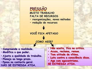 •• Compreende a realidade.Compreende a realidade.
•• Modifica o que puder.Modifica o que puder.
•• AAjusta a qualidade do trabalho.justa a qualidade do trabalho.
•• Planeja ao longo prazo.Planeja ao longo prazo.
•• Pensa no contexto geral.Pensa no contexto geral.
NÃO SE ESTRESSA ATOA.NÃO SE ESTRESSA ATOA.
•• Compreende a realidade.Compreende a realidade.
•• Modifica o que puder.Modifica o que puder.
•• AAjusta a qualidade do trabalho.justa a qualidade do trabalho.
•• Planeja ao longo prazo.Planeja ao longo prazo.
•• Pensa no contexto geral.Pensa no contexto geral.
NÃO SE ESTRESSA ATOA.NÃO SE ESTRESSA ATOA.
•• Não aceita, fica na critica.Não aceita, fica na critica.
•• Acusa, reclama, remoe.Acusa, reclama, remoe.
•• Tem atitude de vítima.Tem atitude de vítima.
•• Luta contra a consciência disso.Luta contra a consciência disso.
•• Age com egocentrismo.Age com egocentrismo.
SE ESTRESSA ATOA.SE ESTRESSA ATOA.
•• Não aceita, fica na critica.Não aceita, fica na critica.
•• Acusa, reclama, remoe.Acusa, reclama, remoe.
•• Tem atitude de vítima.Tem atitude de vítima.
•• Luta contra a consciência disso.Luta contra a consciência disso.
•• Age com egocentrismo.Age com egocentrismo.
SE ESTRESSA ATOA.SE ESTRESSA ATOA.
 