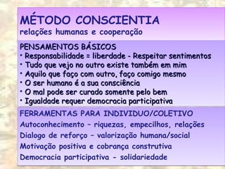 MÉTODO CONSCIENTIA
relações humanas e cooperação
MÉTODO CONSCIENTIA
relações humanas e cooperação
FERRAMENTAS PARA INDIVIDUO/COLETIVO
Autoconhecimento – riquezas, empecilhos, relações
Dialogo de reforço – valorização humana/social
Motivação positiva e cobrança construtiva
Democracia participativa - solidariedade
FERRAMENTAS PARA INDIVIDUO/COLETIVO
Autoconhecimento – riquezas, empecilhos, relações
Dialogo de reforço – valorização humana/social
Motivação positiva e cobrança construtiva
Democracia participativa - solidariedade
PENSAMENTOS BÁSICOSPENSAMENTOS BÁSICOS
• Responsabilidade = liberdade - Respeitar sentimentosResponsabilidade = liberdade - Respeitar sentimentos
• Tudo que vejo no outro existe também em mimTudo que vejo no outro existe também em mim
• Aquilo que faço com outro, faço comigo mesmoAquilo que faço com outro, faço comigo mesmo
• O ser humano é a sua consciênciaO ser humano é a sua consciência
• O mal pode ser curado somente pelo bemO mal pode ser curado somente pelo bem
• Igualdade requer democracia participativaIgualdade requer democracia participativa
PENSAMENTOS BÁSICOSPENSAMENTOS BÁSICOS
• Responsabilidade = liberdade - Respeitar sentimentosResponsabilidade = liberdade - Respeitar sentimentos
• Tudo que vejo no outro existe também em mimTudo que vejo no outro existe também em mim
• Aquilo que faço com outro, faço comigo mesmoAquilo que faço com outro, faço comigo mesmo
• O ser humano é a sua consciênciaO ser humano é a sua consciência
• O mal pode ser curado somente pelo bemO mal pode ser curado somente pelo bem
• Igualdade requer democracia participativaIgualdade requer democracia participativa
 