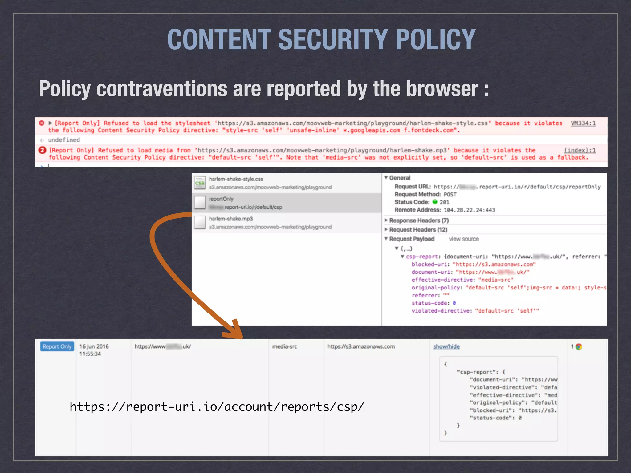CONTENT SECURITY POLICY
Policy contraventions are reported by the browser :
https://report-uri.io/account/reports/csp/
 